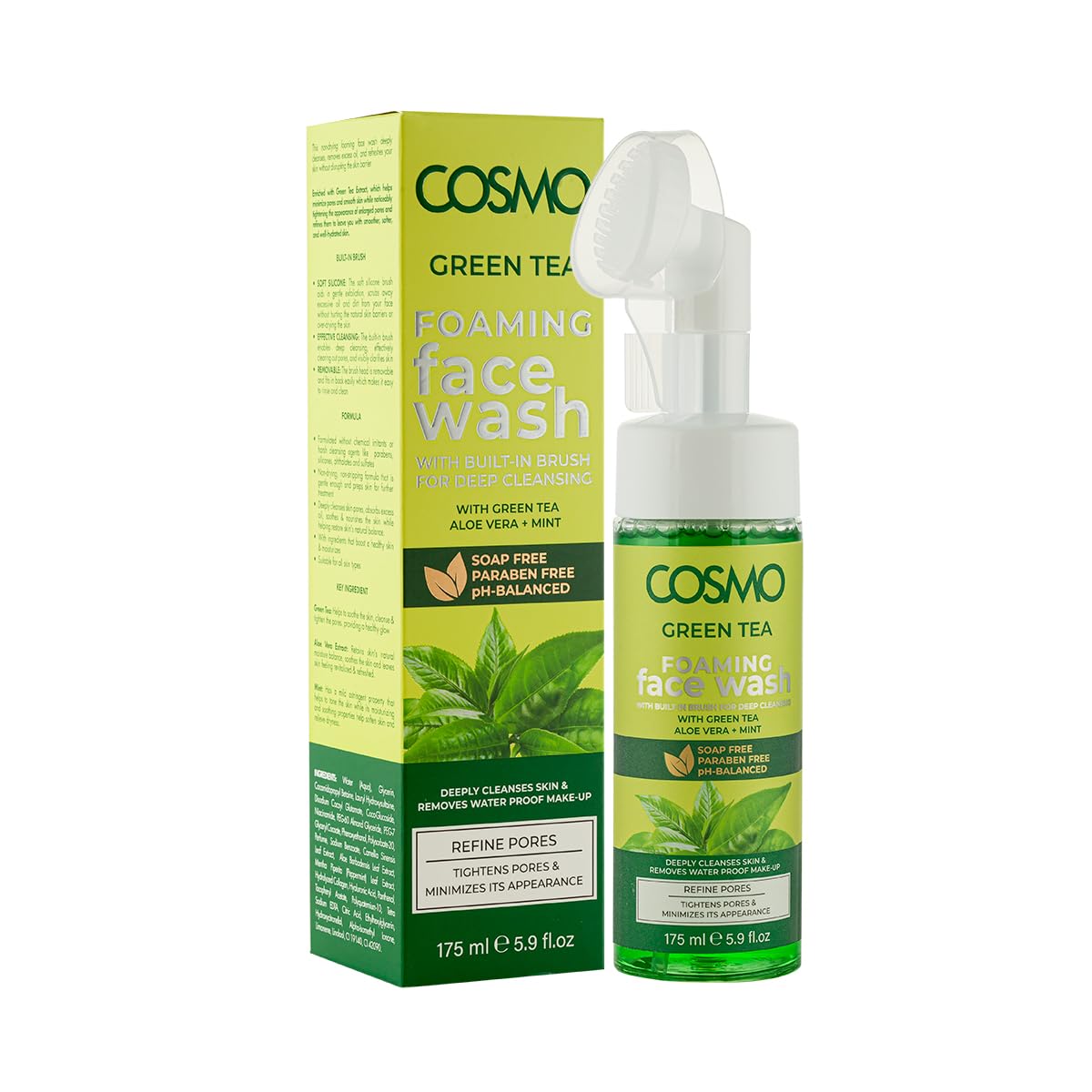 Cosmo Green Tea Foaming Face Wash 175Ml, With BuiltIn Brush For Deep Cleansing, Paraben Free, Tightens Pores & Minimizes Its Ap