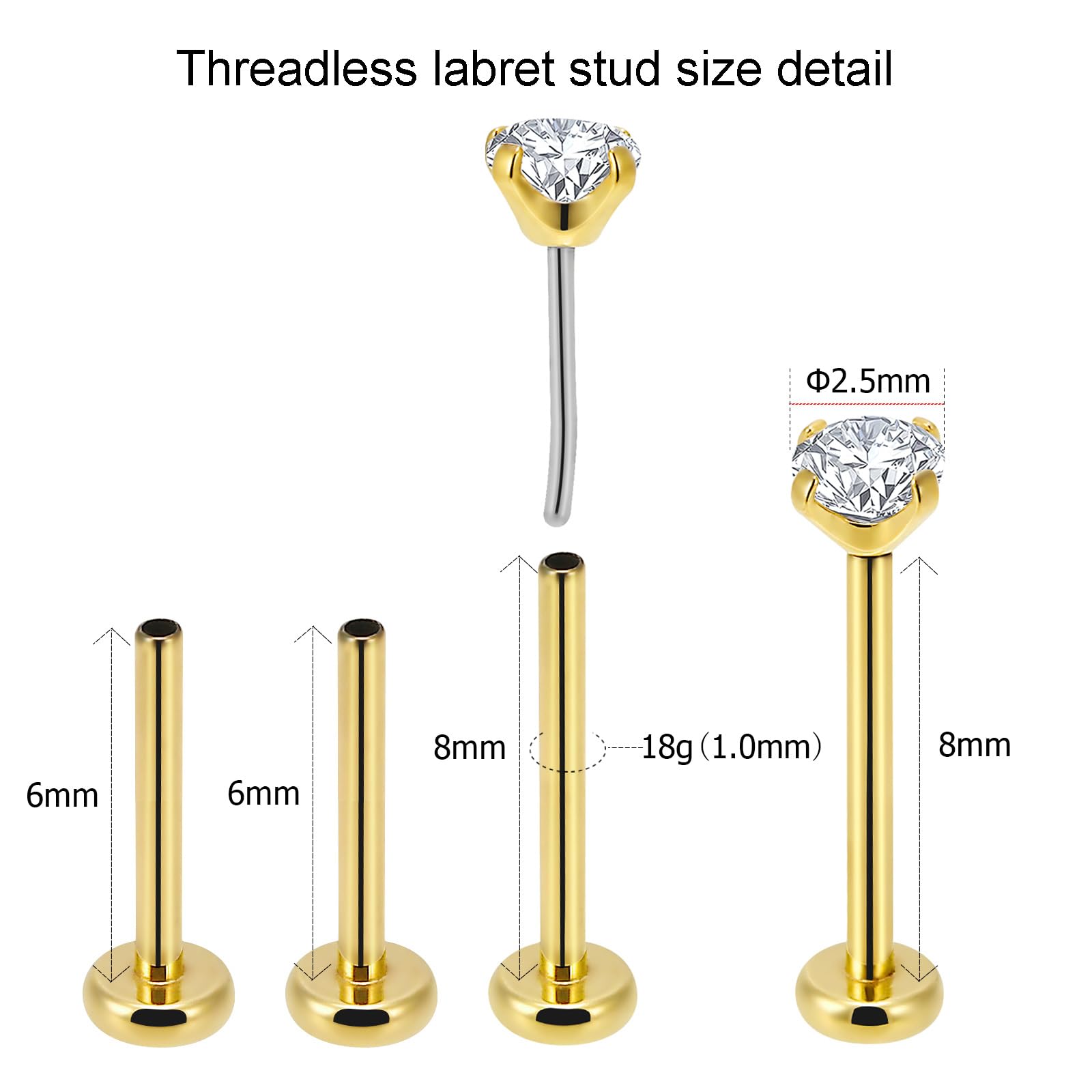 NewkeepsR 2PCS-1.0mm(18g) Titanium Gold Plated Press Fit Threadless Push Pop In Labret Lip Monroe Tragus Small Flatback Earring