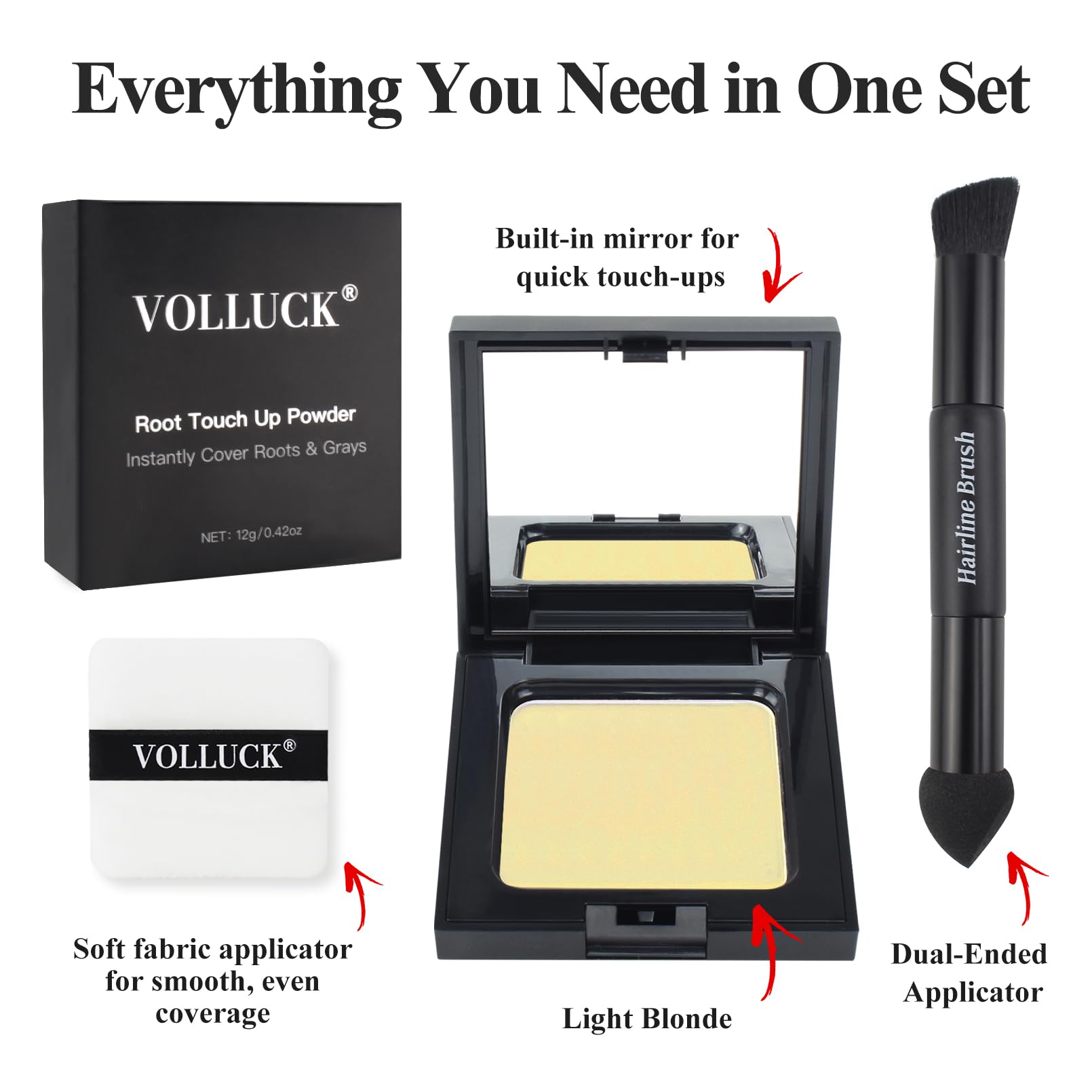 VOLLUCK Root Touch up Powder, Long-lasting Gray Hair Cover up Powder for All Hair Types, Waterproof for Women and Men (Light-Blo