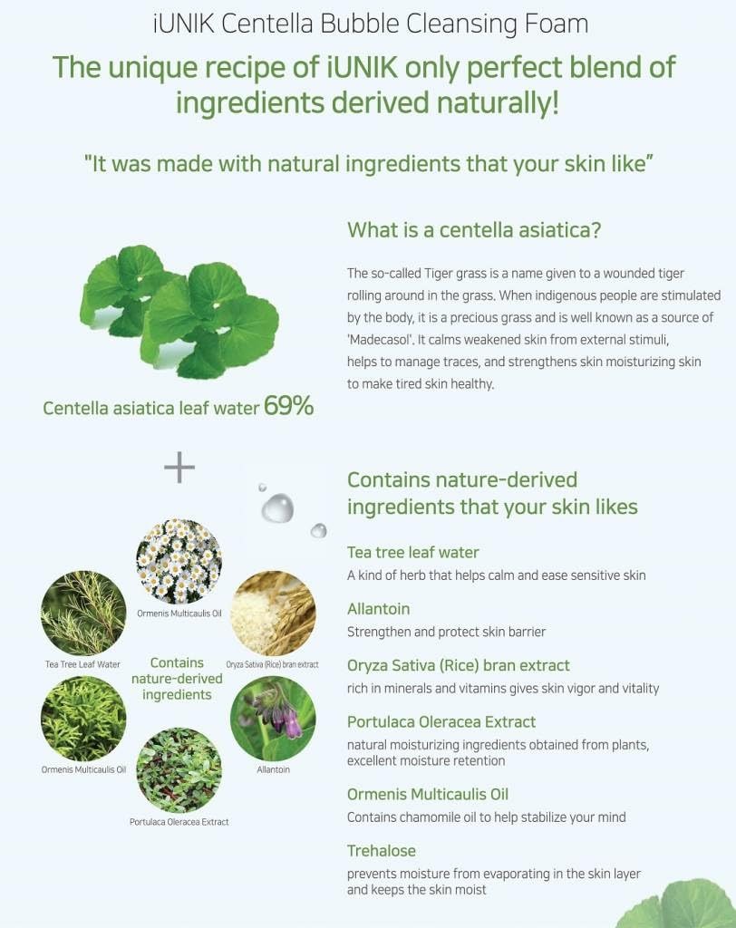 IUNIK Centella Bubble Foaming Vegan Facial Cleanser - 69% Centella Asiatica Extract, Soothing, Moisturizing, Exfoliating, Remove