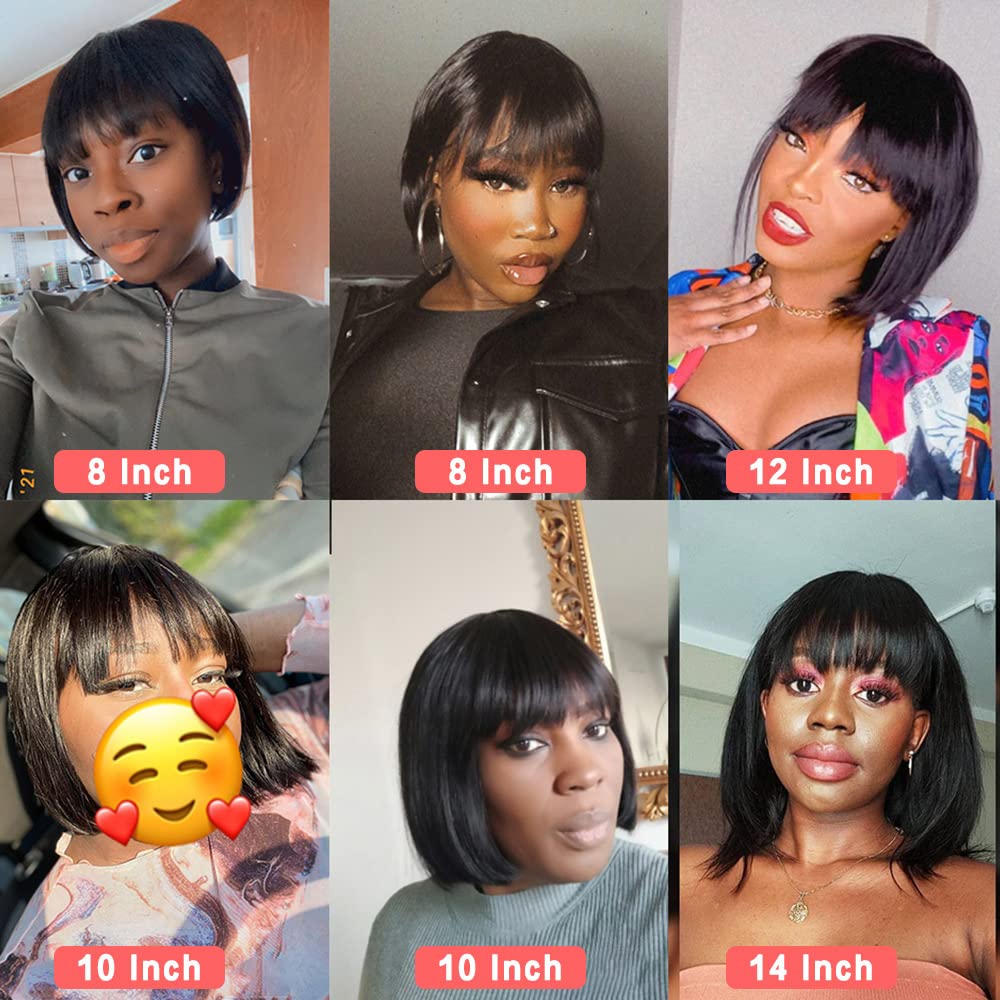 Rebasar 8 Inch Short Bob Wig with Bangs - Human Hair, Glueless, Black for Women