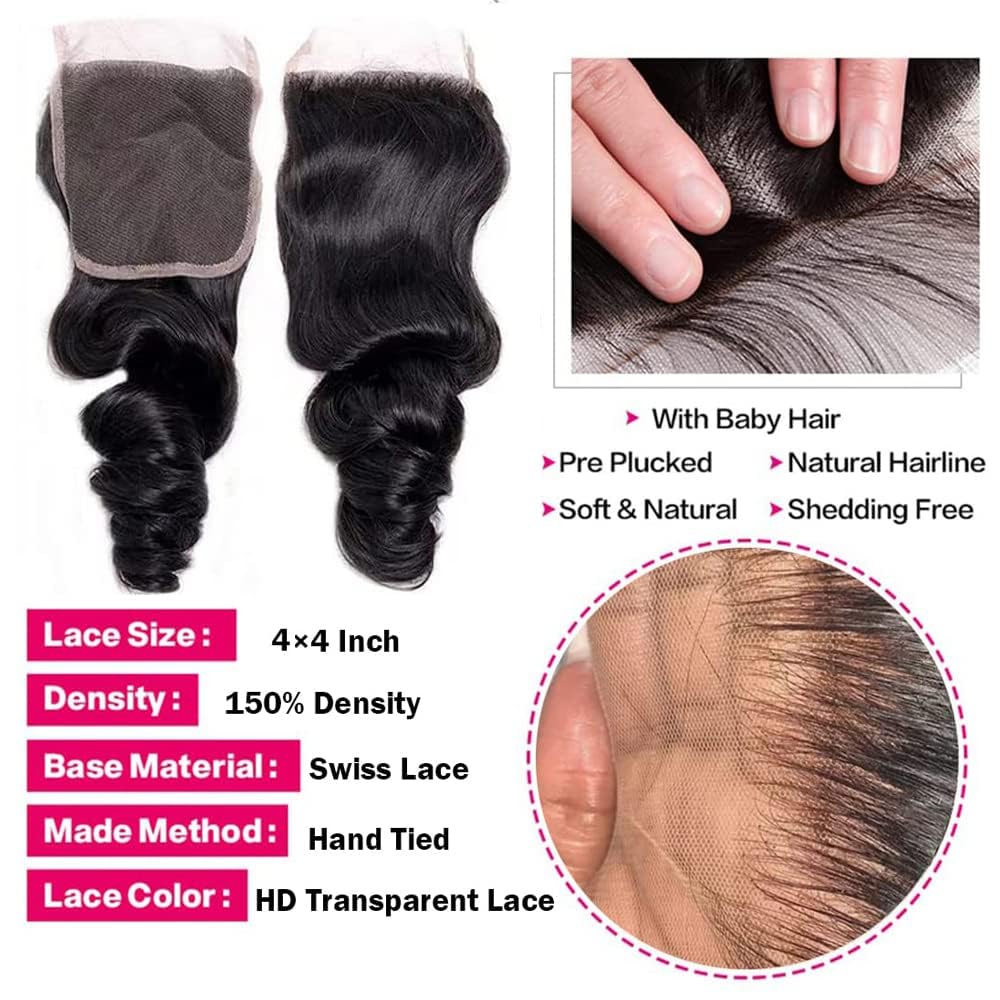 Ralisa Loose Wave Bundles With Closure (22 24 26+20In) 100% Unprocessed Virgin Brazilian Remy Hair Loose Wave 3 Bundles Human Ha