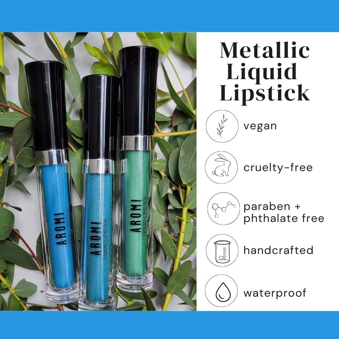 Aromi Bright Blue Metallic Liquid Lipstick | Ocean Lip Color With Shimmery Finish, Vegan, Cruelty-Free, Long-Lasting, Handmade (