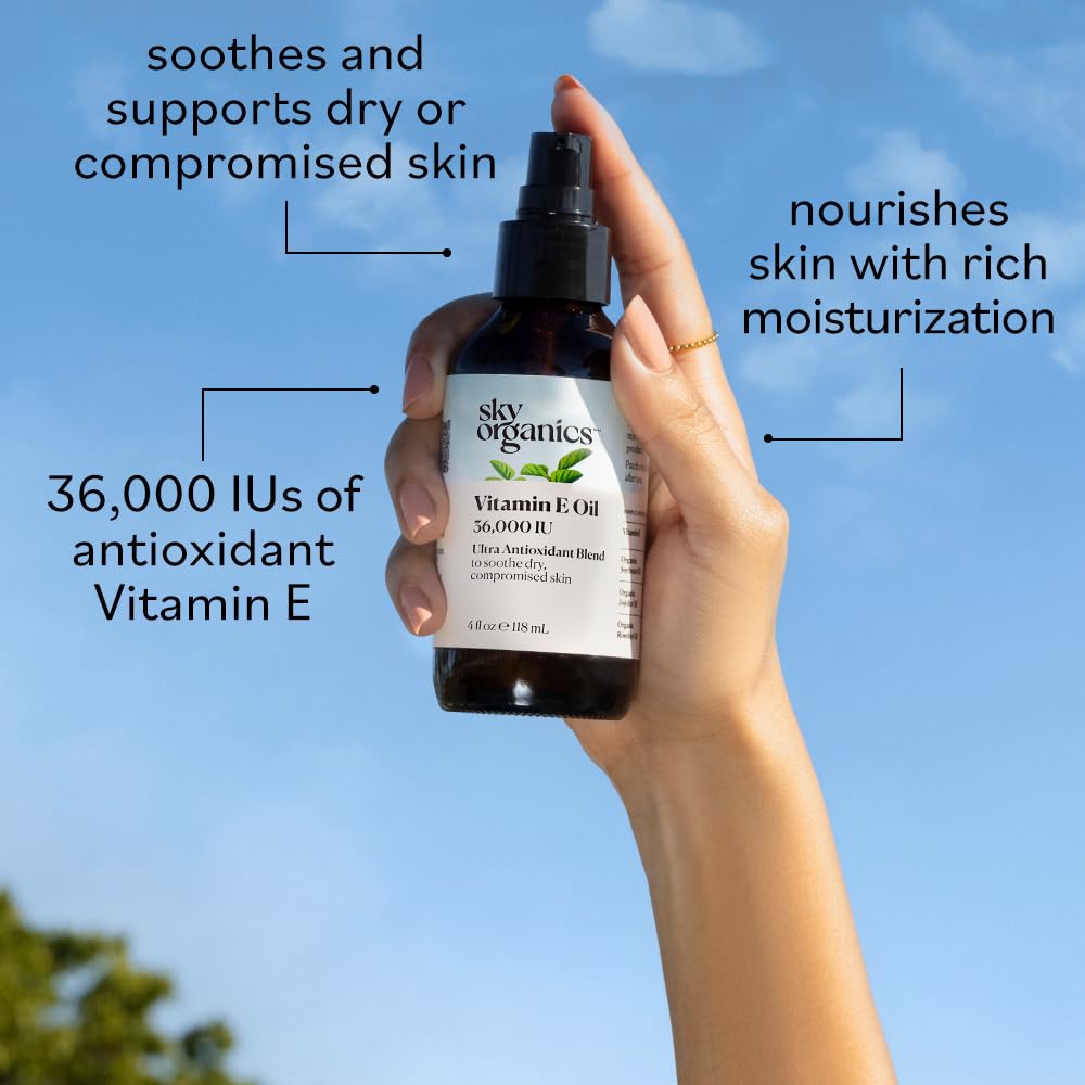 Sky Organics Vitamin E Oil for Face, 36,000 IU Ultra Antioxidant Blend to Deliver Reparative Moisture and Soothe Dry, Damaged &