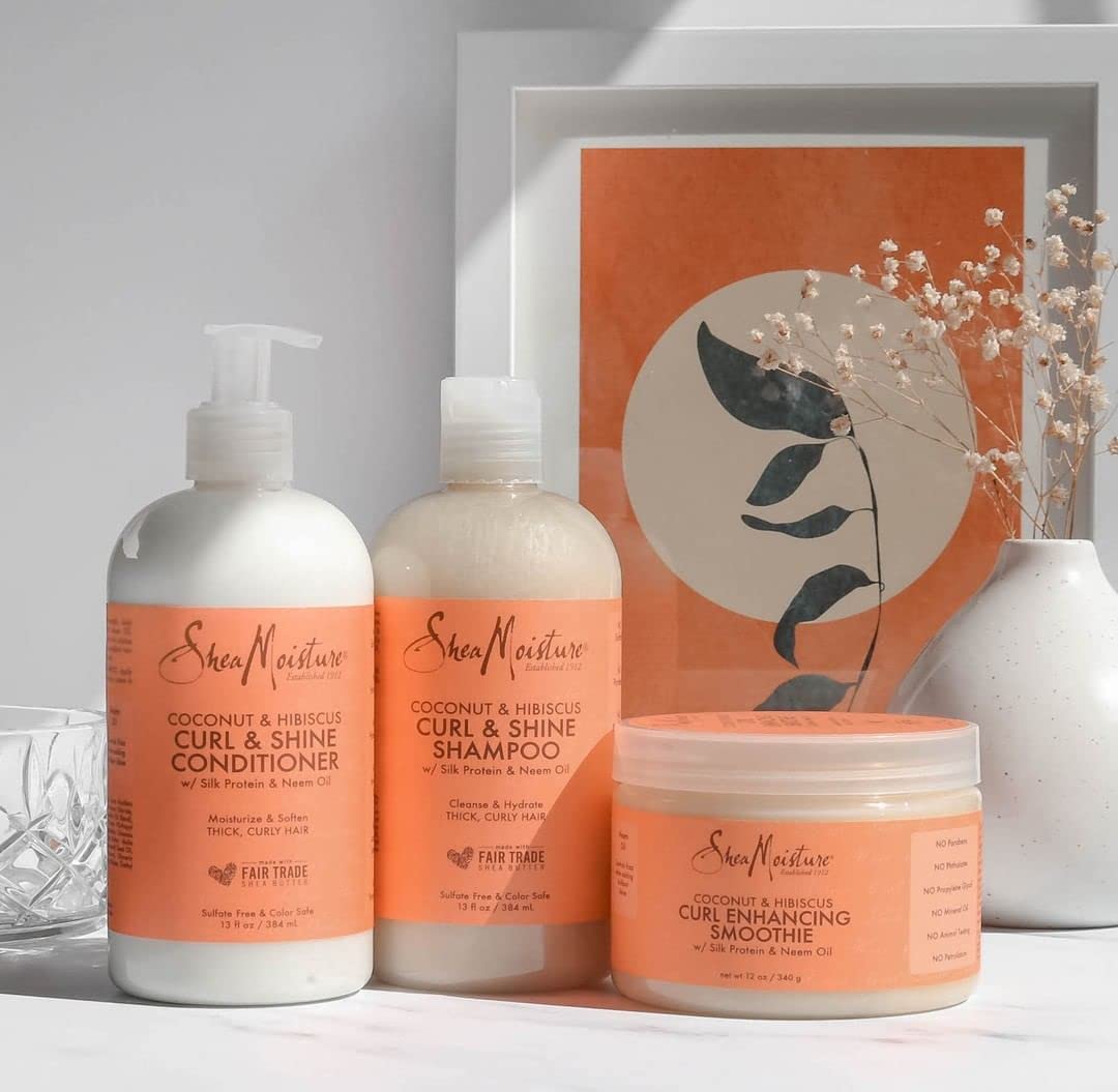 SheaMoisture Coconut & Hibiscus Curl Trio: Includes Curl & Shine Shampoo and CONDITIONER, Curl Enhancing Smoothie with Box