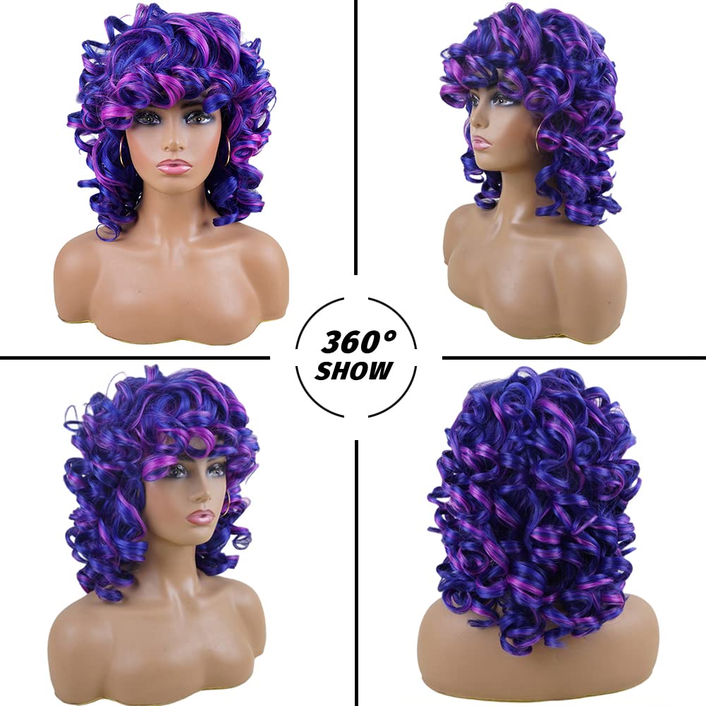 Andromeda Short Curly Wigs For Black Women Soft Mixed Blue Purple Big Curly Wig With Bangs Cute Loose Curly Cosplay Party Daily