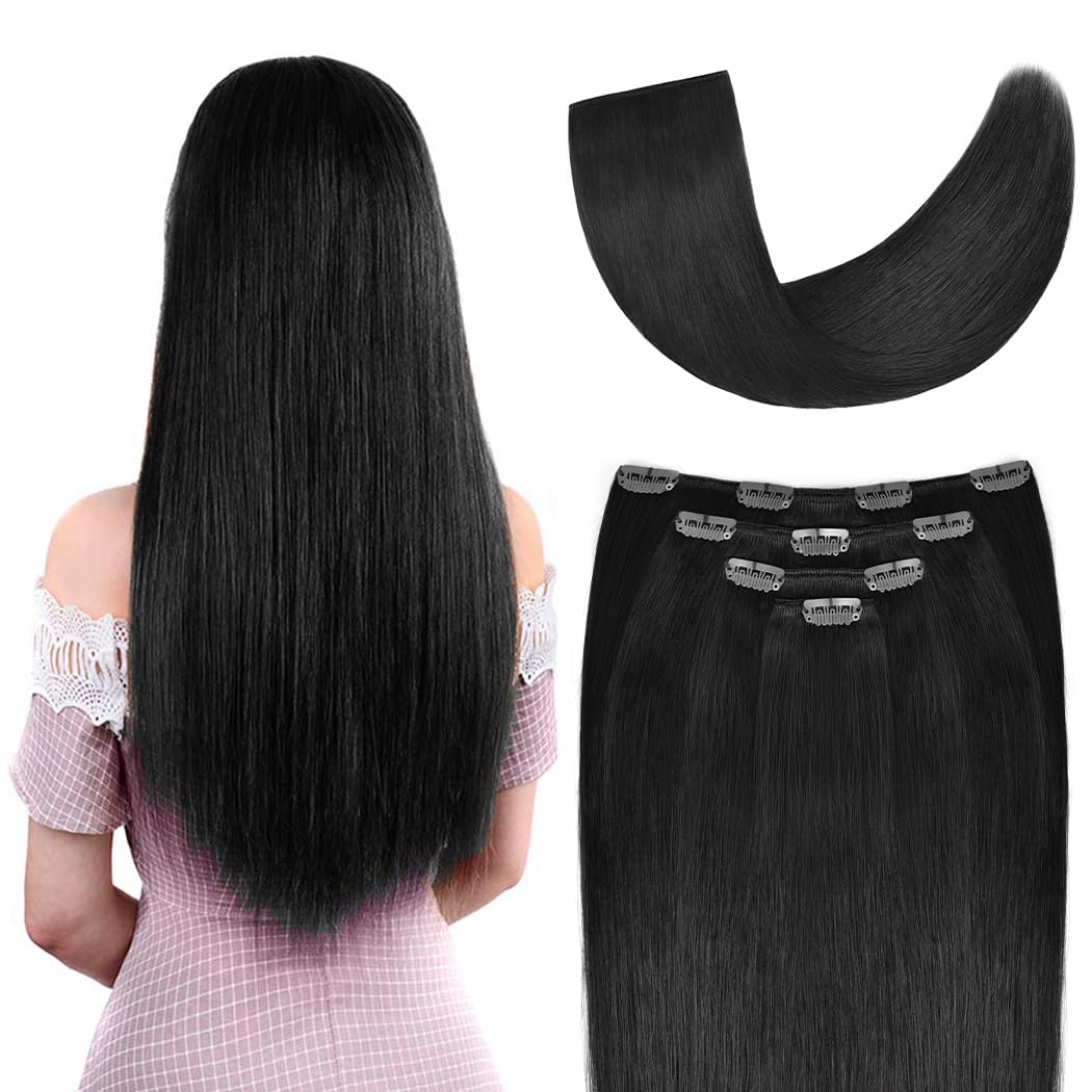 22'' Clip In Hair Extensions Real Human Hair For Women - Silky Straight Jet Black Human Hair Clip In Extensions 90Grams 4Pieces