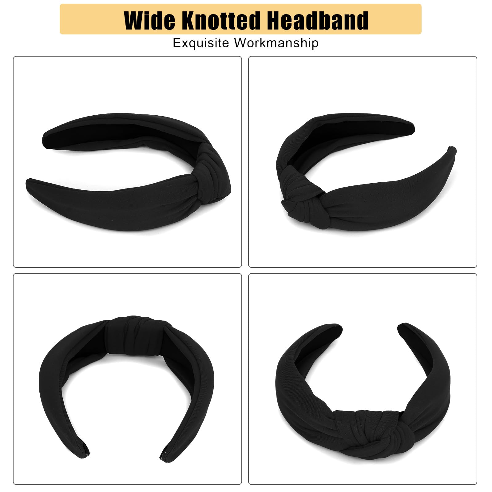 Ondder Black Top Knot Headbands - Cloth Wide Knotted Non-Slip Fashion Headbands For Women, Girls' Hair