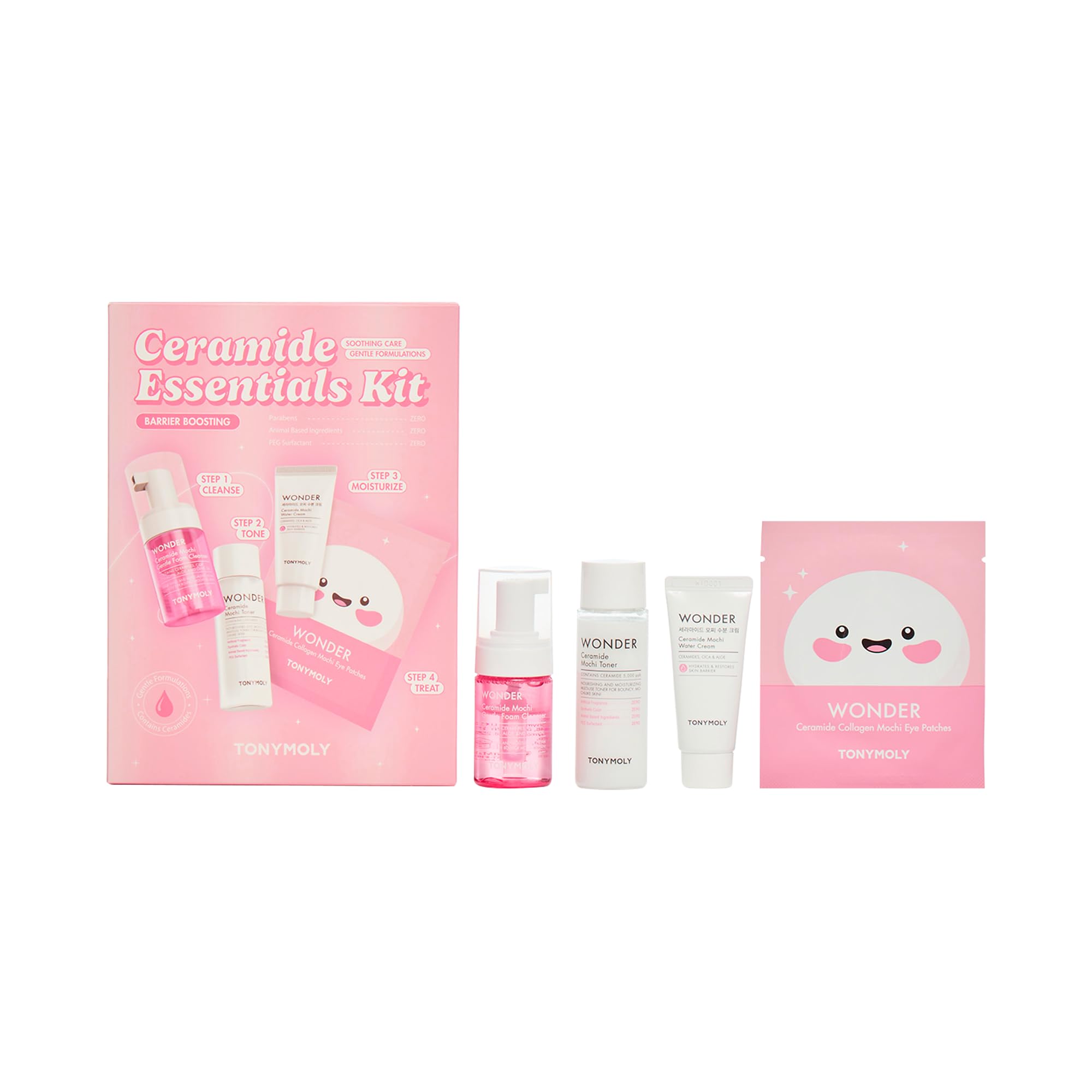 TONYMOLY Wonder Ceramide Mochi Essentials Kit - 4-Piece Set with Ceramide Toner, Cream, Cleanser & Eye Patches - Hydrating, Barr