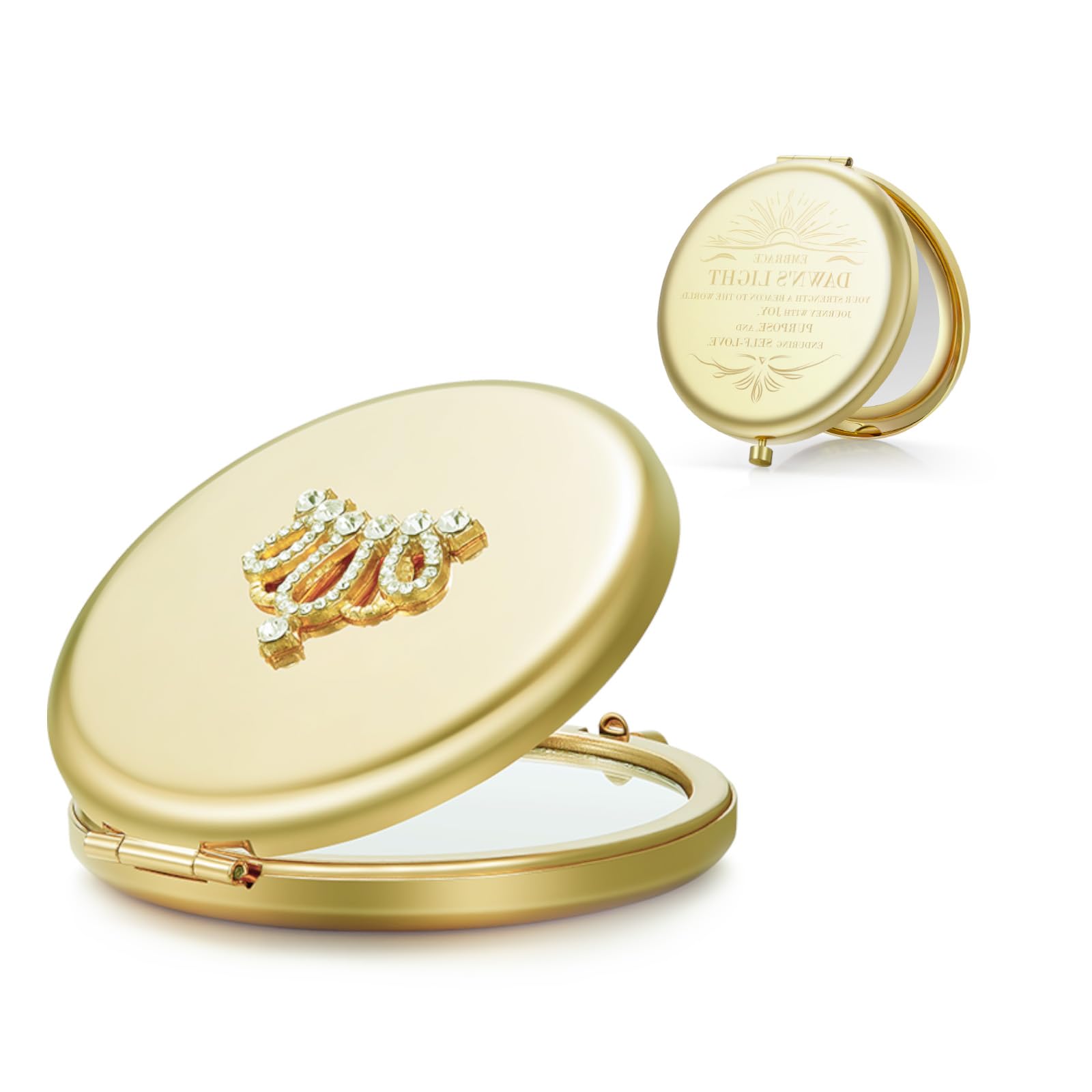 Omiro 1X/10X(300R) Magnifying Compact Mirror, Small Crown Engraved Pocket Makeup Mirror Gift For Her Women Mom (Gold)