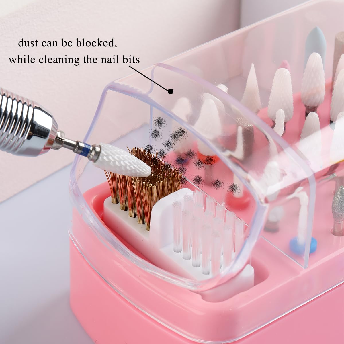 Fcozpjk 2 in 1 Pink Nail Drill Bit Holder and Nail Drill Bits Cleaner Brush Case, 30 Holes Dust-proof Nail Bit Holder Organizer