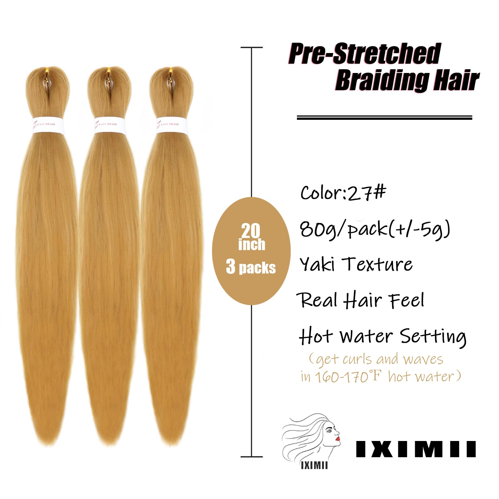 Iximii 27# Pre Stretched Braiding Hair 20 Inch 3 Packs Pre-Stretched Kanekalon Hair Honey Blonde Color Straight Crochet Braids S