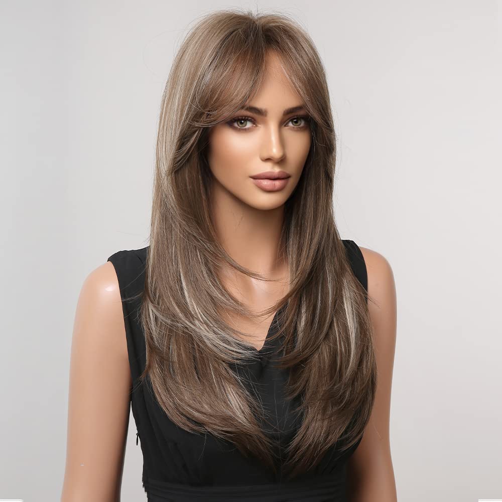 HAIRCUBE Dark Brown Wigs for Women,Long Layered Brown with Highlight Wigs with Bangs Heat Resistant Synthetic Fibre Wigs(pelucas
