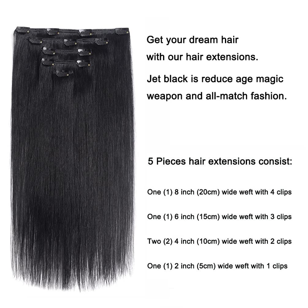 5 Pieces 14'' Remy Clip In Hair Extensions Human Hair Jet Black - Silky Straight Thick Real Hair Extensions For Women (14 Inches
