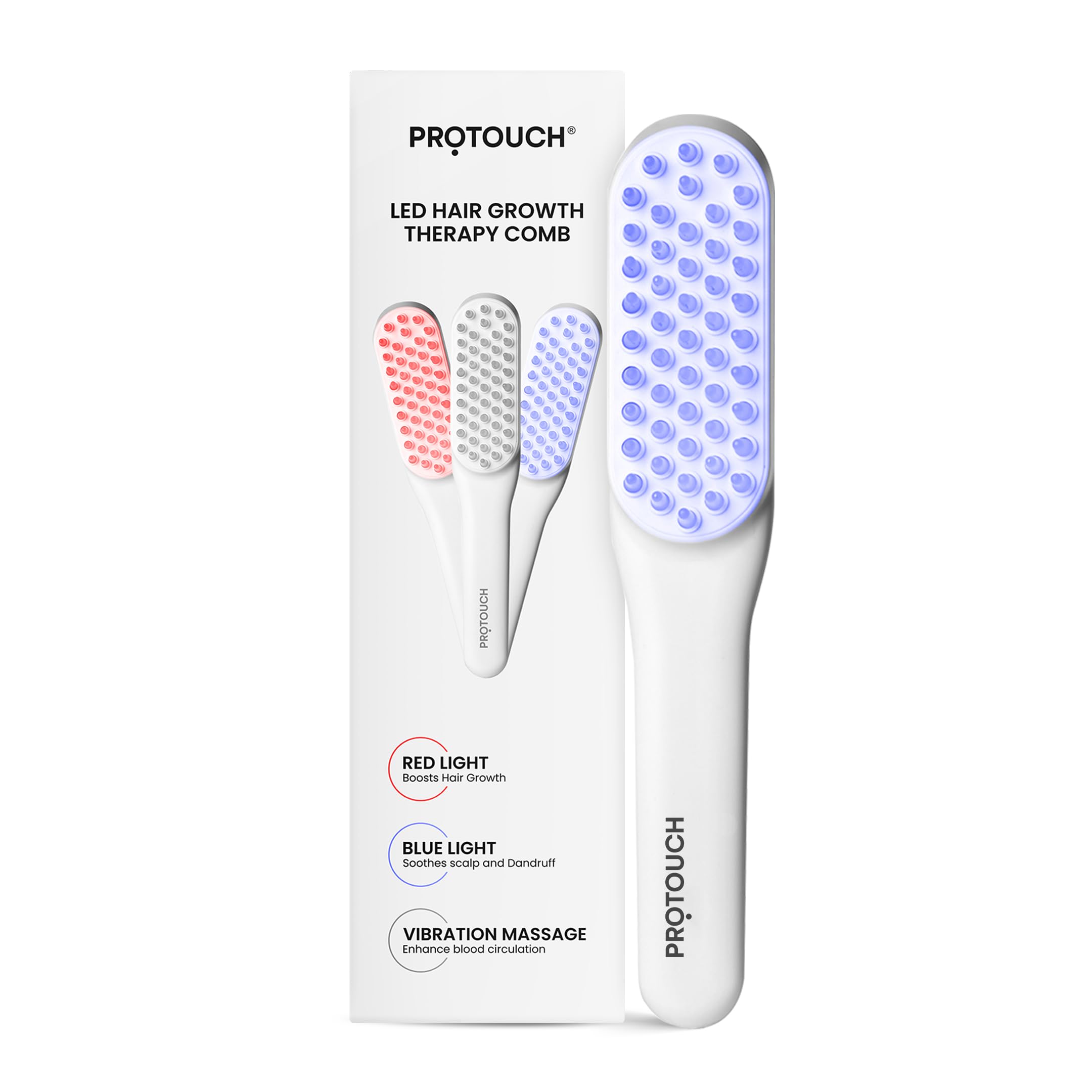 Protouch Led Hair Therapy Comb With Red & Blue Led Light Scalp Treatment & Vibration Massage | Hair Fall Control | Scalp Massage