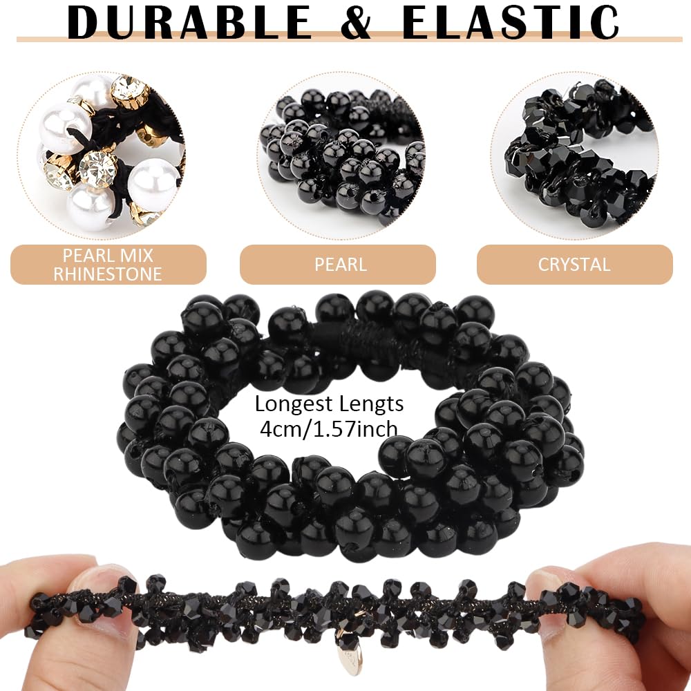 Ahoney 9Pcs Black Hair Ties Elastic Hair Scrunchies Hold Crystal Pearls Beads Bulk Hair Ropes Stretchy Handmade Hair Accessories