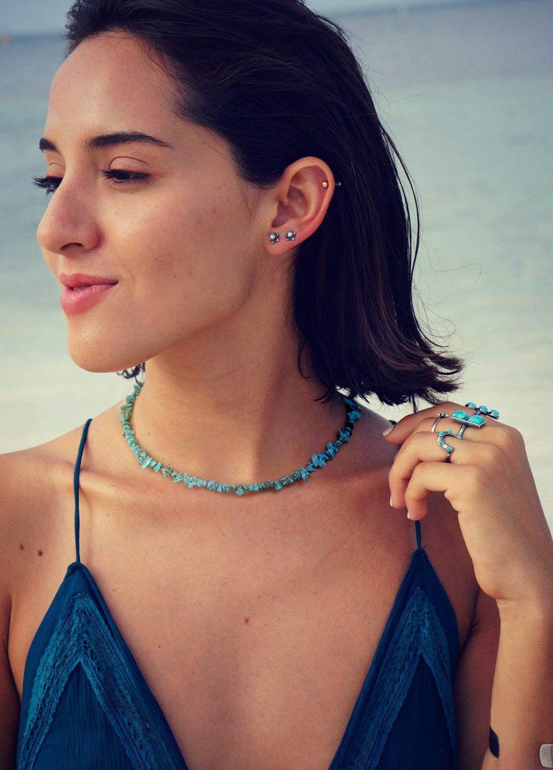 Aobei Pearl Genuine Turquoise Choker Blue Howlite Chip Beaded Necklace Summer Beach Gemstone Jewelry for Women 15