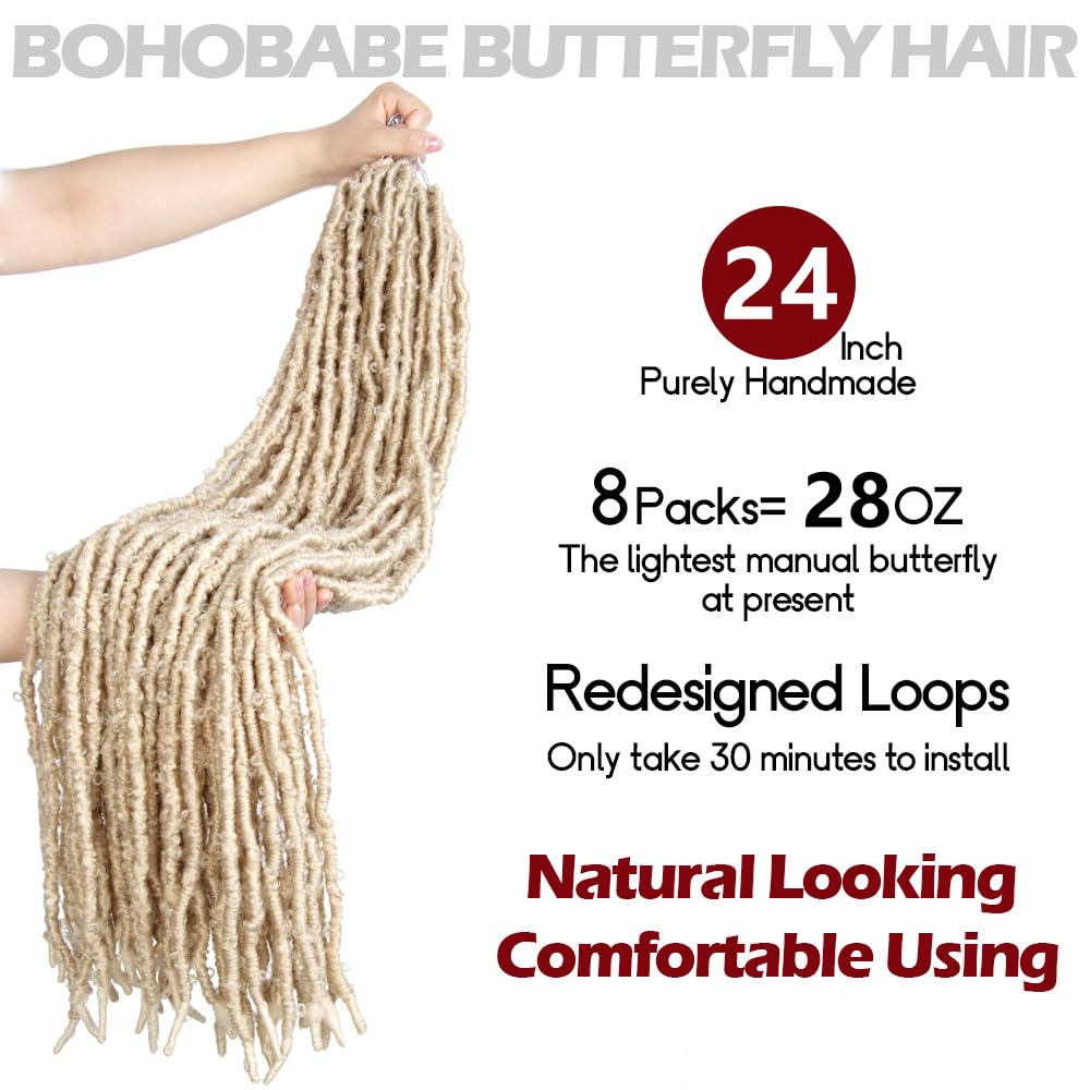 24 Inch Light Weight Butterfly Locs Crochet Hair 8 Packs Long Blonde Distressed Butterfly Faux Locs Crochet Hair, 613#
