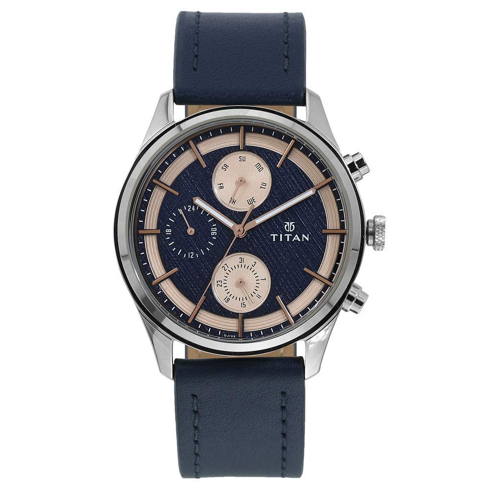 Titan Workwear Men’S Chronograph Watch - Quartz, Water Resistant, Leather Strap – Blue Band And Blue Dial