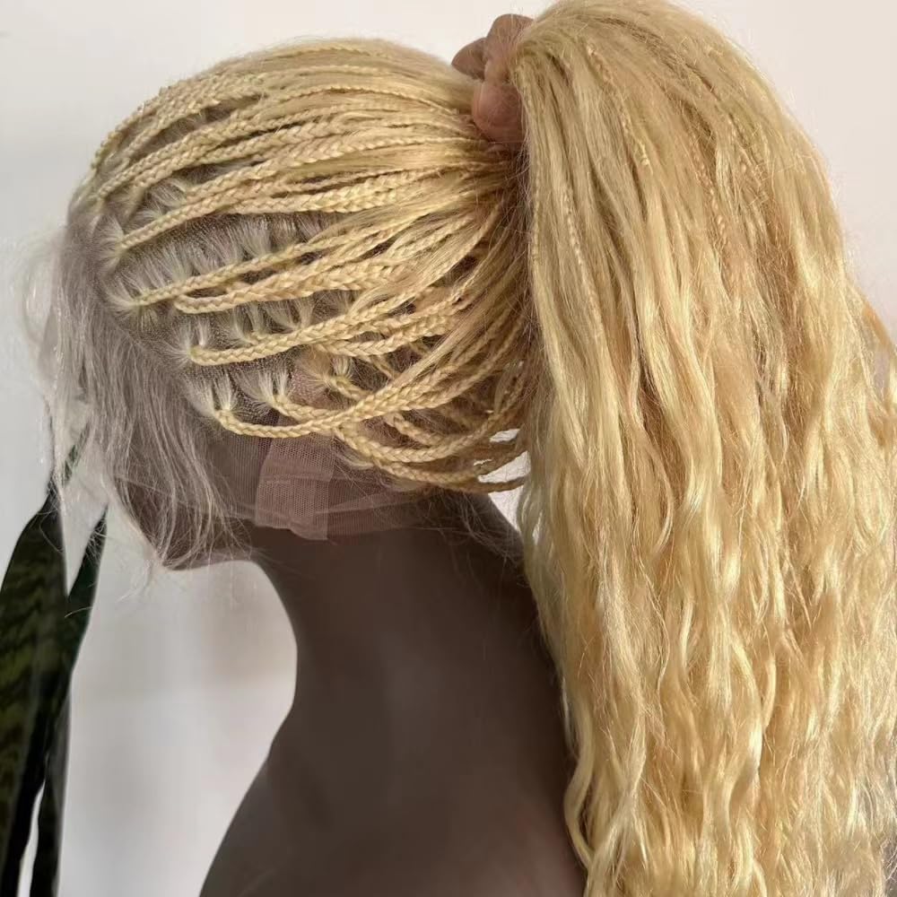 FlowerSeason Human hair #613 Color Boho Box Braids Wig 100% Human Hair BLonde Braided Wig Full Lace Long Square Parted Knotless