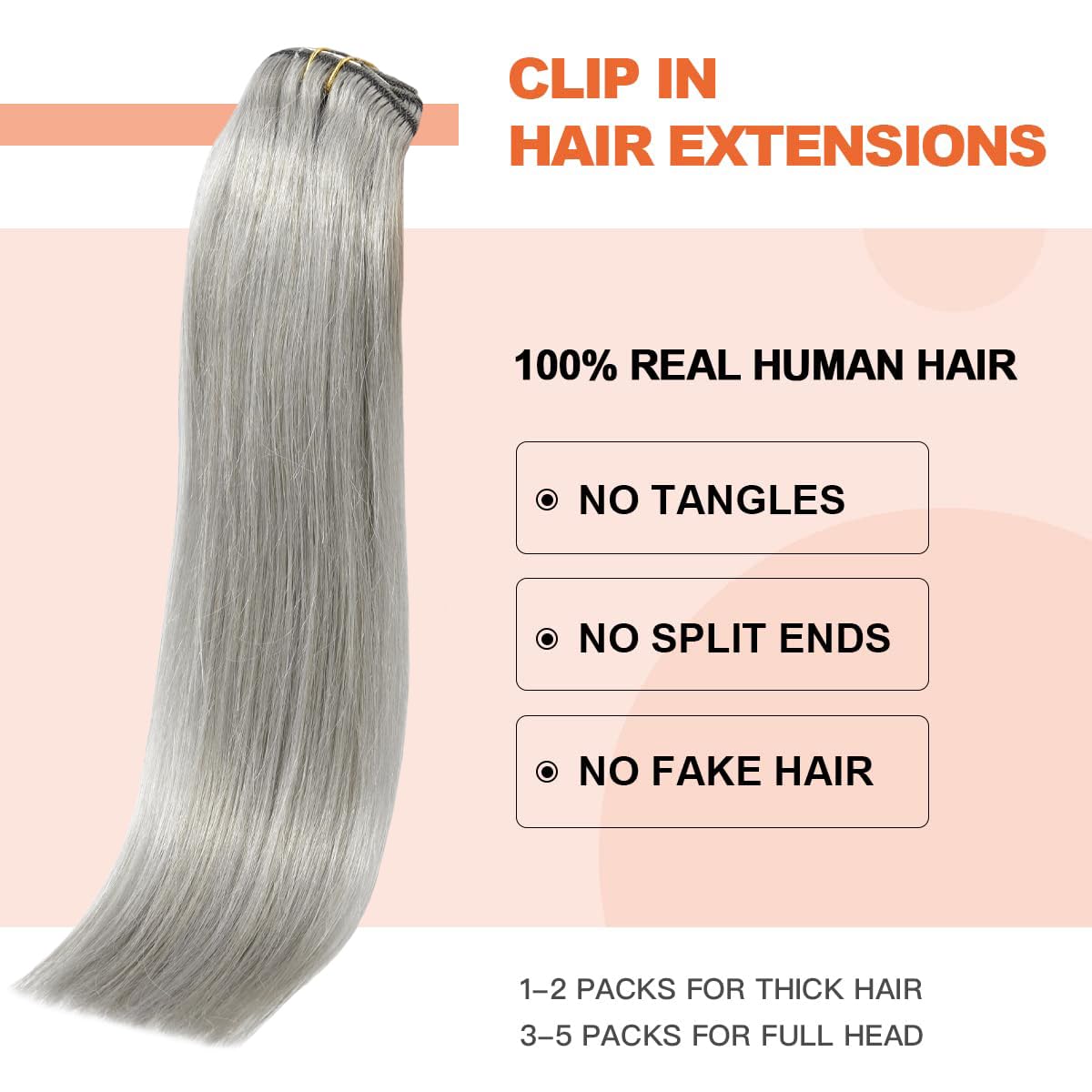 Silver Clip In Hair Extensions Real Human Hair 70G Gray Remy Human Hair Clip In Extensions 18 Inch Soft Silky Straight For Full