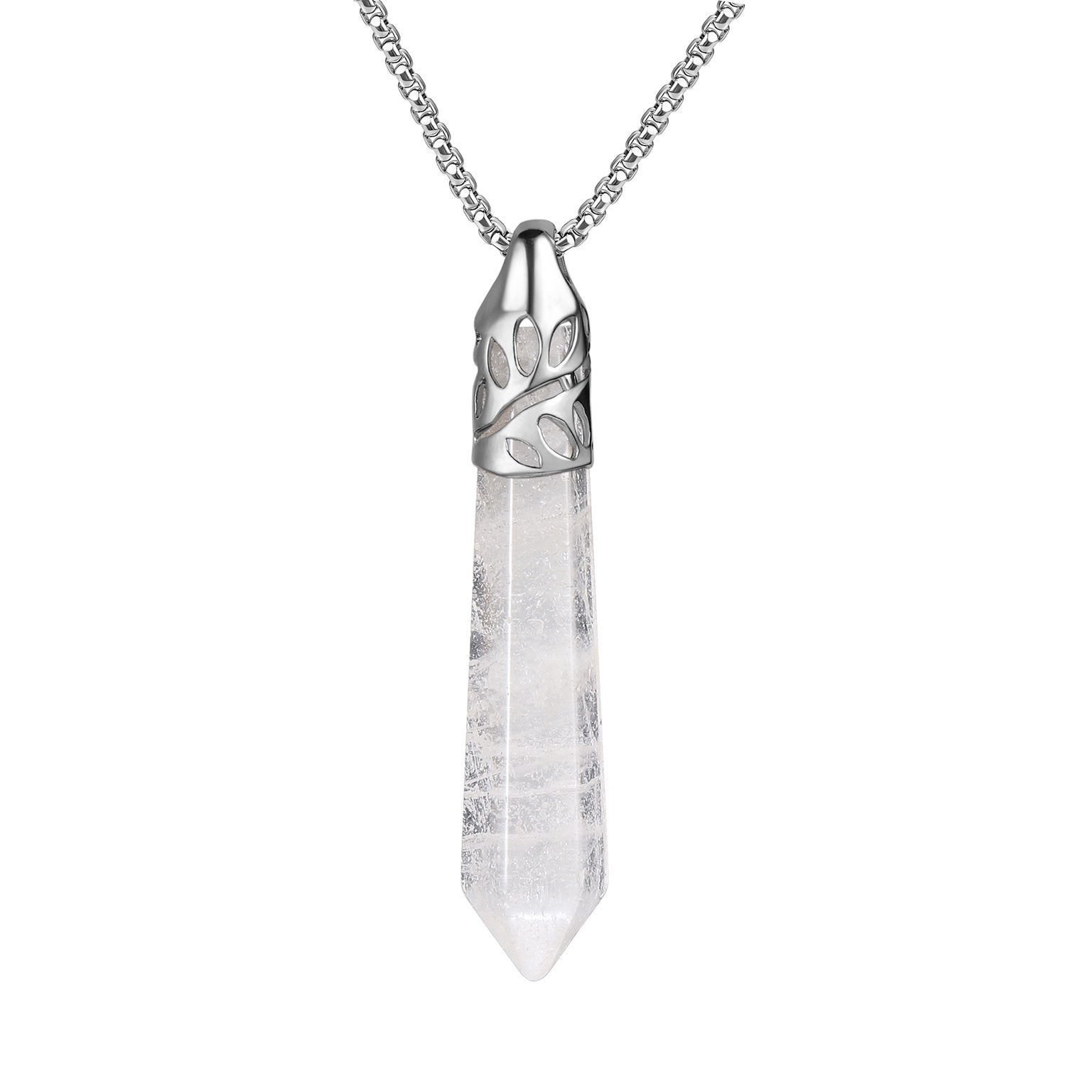 BEADNOVA Healing Crystal Necklace for Women Men White Quartz Pendant Energy Healing Gemstones Jewelry Pendulum Crystal Divinatio