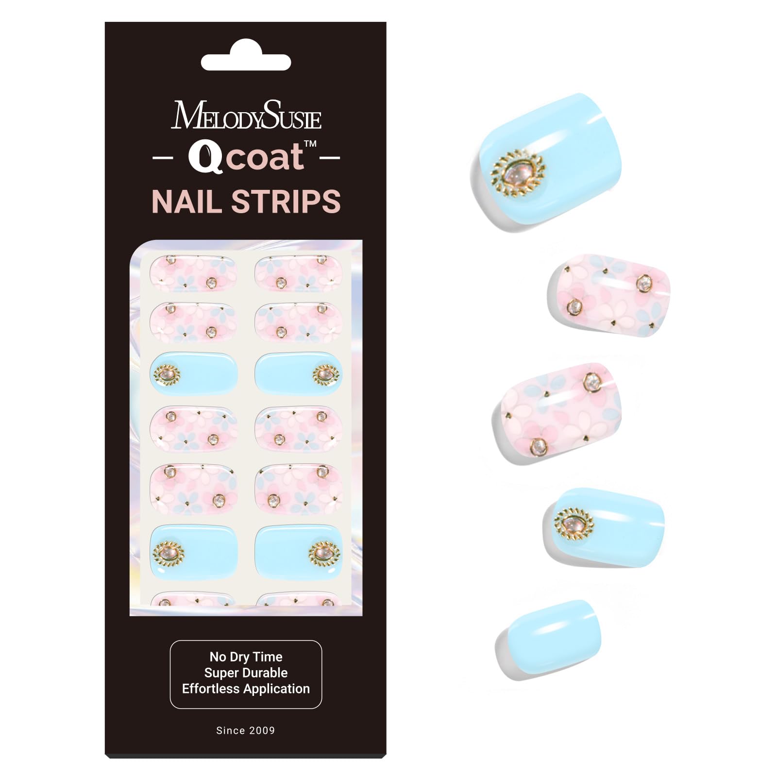 MelodySusie Qcoat Fully Cured Gel Nail Strips, Light Blue Crystal Flowers, UV Free Nail Polish Strips, Salon Quality, Long Lasti