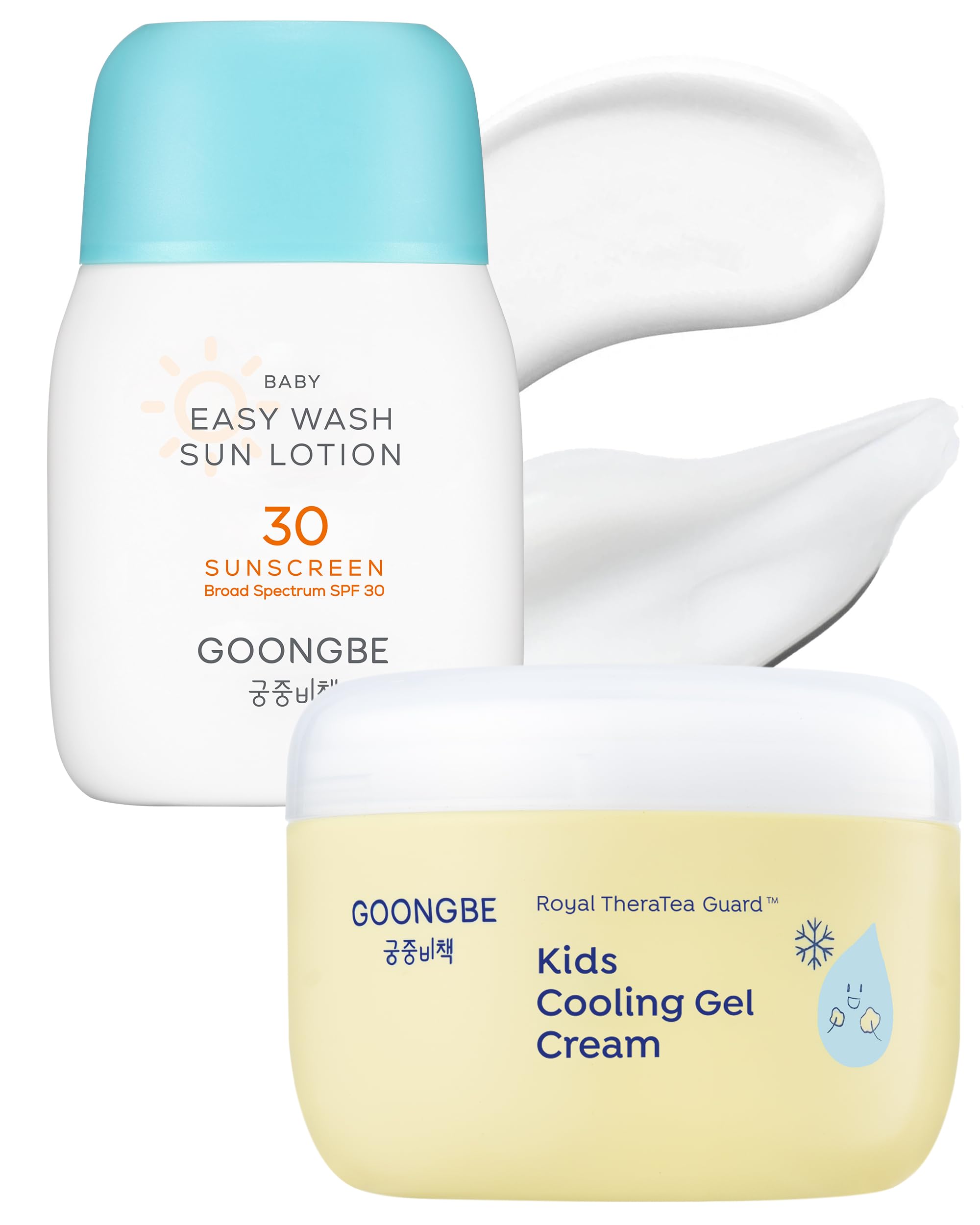 GOONGBE Baby Kids Easy Wash Sun Lotion SPF 30 & Cooling Gel Cream - Zinc Oxide Mineral Sunscreen & 3-Second Soothing Relief - Ve