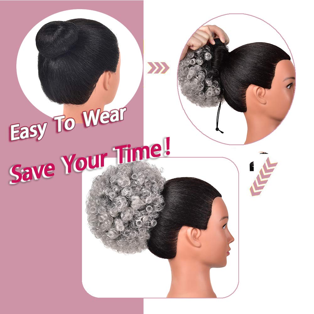 rosmile Afro Puff Drawstring Ponytail Extension, Ombre Gray #1BT0906, 7"-8" Diameter, Synthetic Clip-On Curly Bun for Black Women