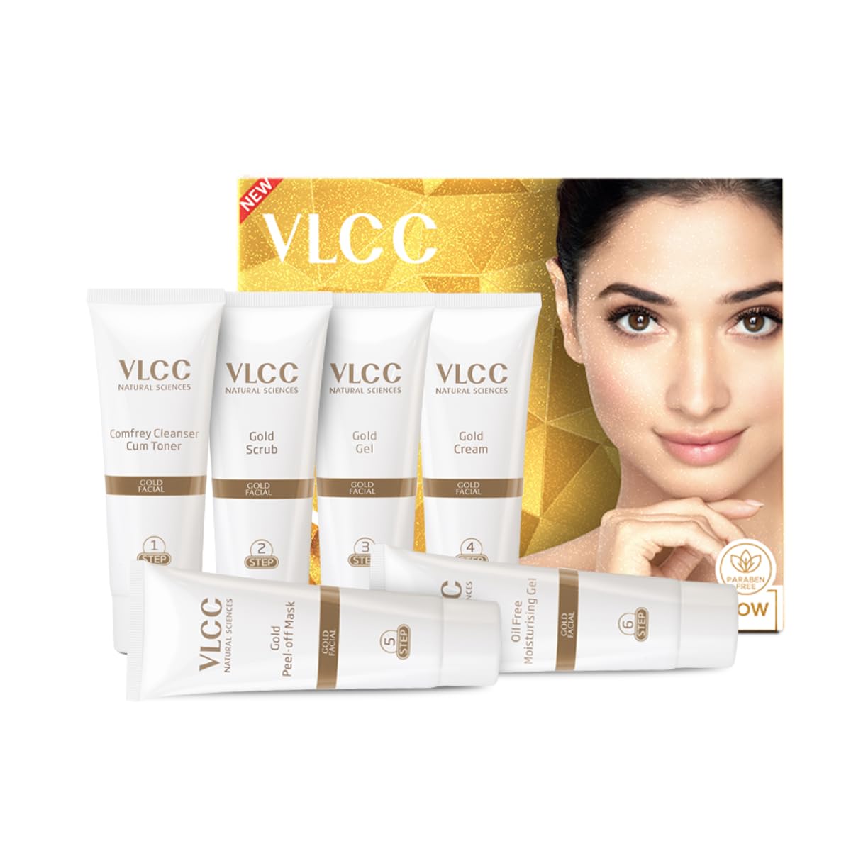 VLCC Gold Facial Kit - Single Use | Salon Like Facial at Home in Just 6-Steps | Includes Cleanser, Scrub, Cream, Face Pack & Moi