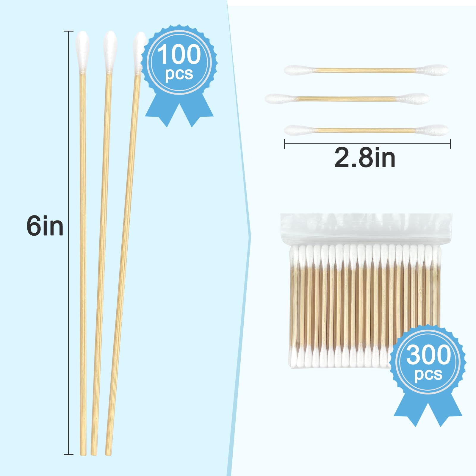 Garrelett 400 ct Organic Bamboo Cotton Swabs Set - 300 Double-Ended 3 Inch Swabs + 100 Long 6 Inch Swabs - Storage Case Included