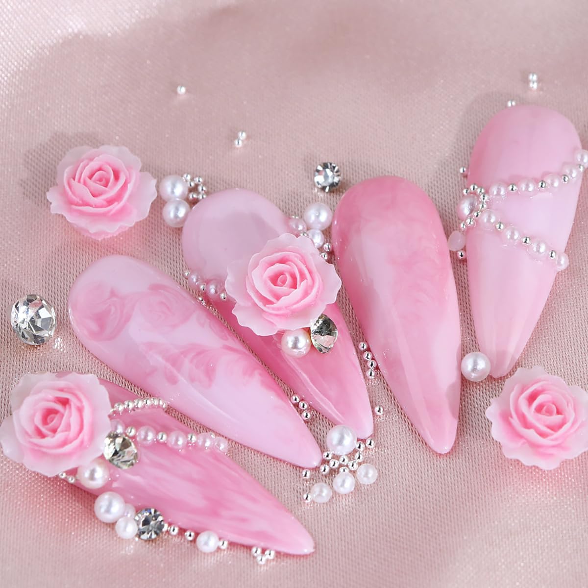 Pink Rose Flower Nail Art Charms With Rhinestone Decoration Mixed Pearls Gems Glitter Diamond Crystal Nail Ornaments For Valenti