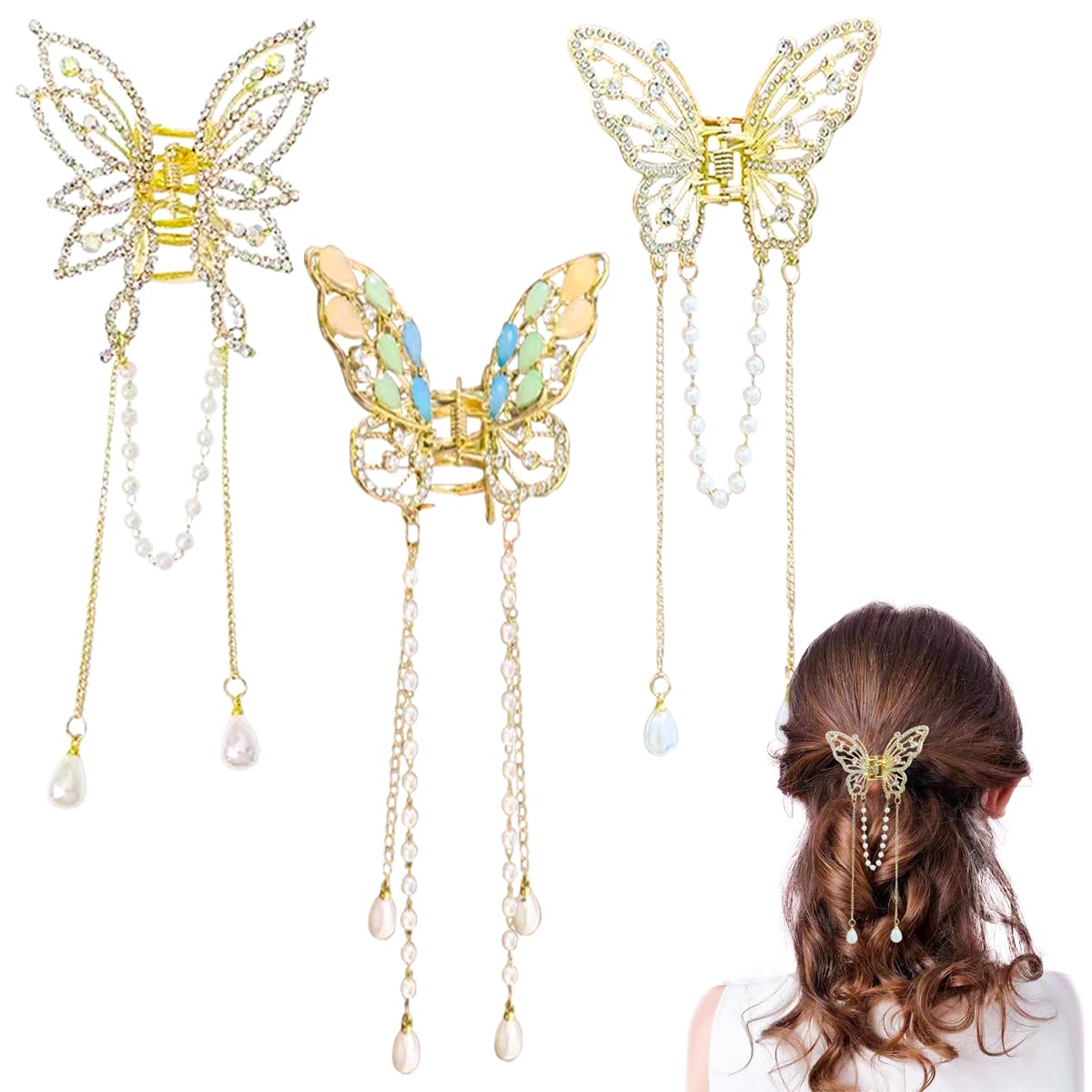 3 Pieces Butterfly Hair Claw Clip Butterfly Tassel Hair Clips Rhinestone Hair Claw Metal Hair Clips Exquisite Hair Clips Non Sli