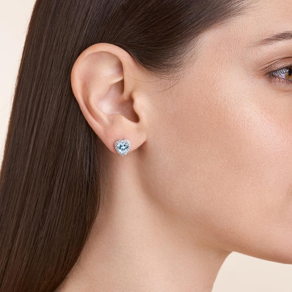 Amazon Essentials Sterling Silver Created Aquamarine and Created White Sapphire Halo Heart Stud Earrings, (previously Amazon Col