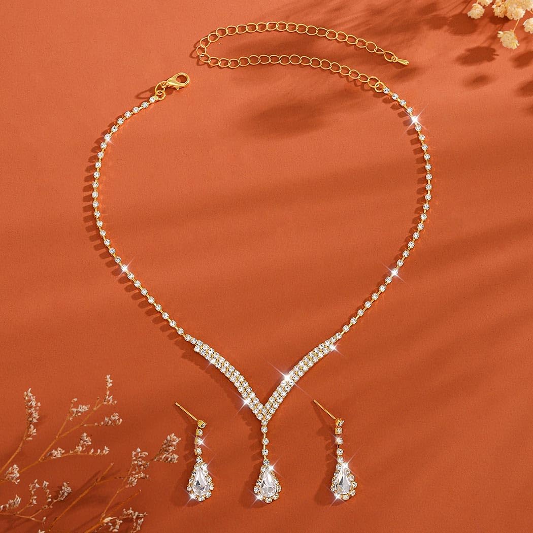 Unicra Bridal Wedding Jewelry Set Gold Rhinestone Necklace Earrings Sets Formal Costume Jewelry for Women and Brides (A-Gold)