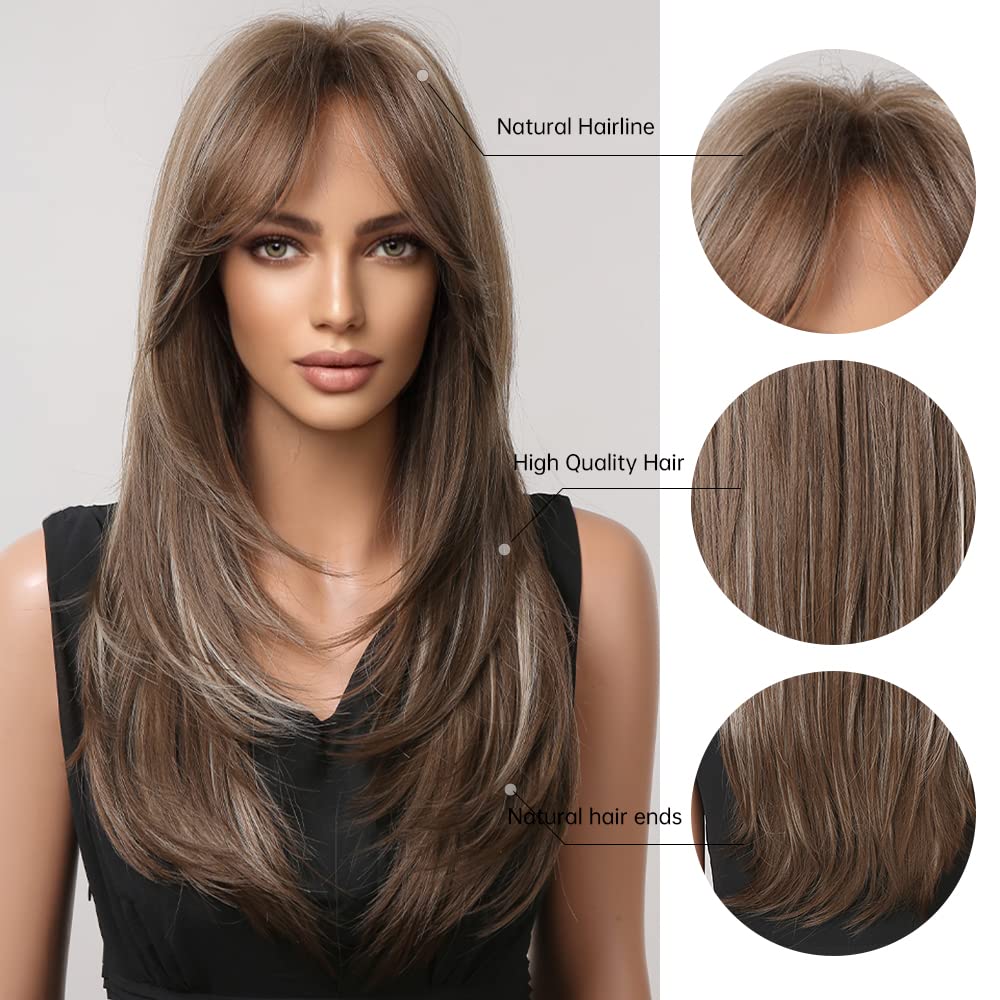 HAIRCUBE Dark Brown Wigs for Women,Long Layered Brown with Highlight Wigs with Bangs Heat Resistant Synthetic Fibre Wigs(pelucas