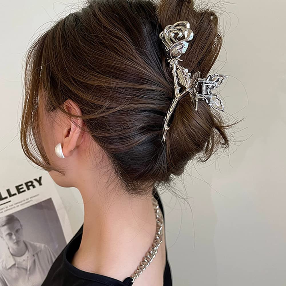 Flower Hair Claw Clips Metal Silver Rose Hair Clips Large Non-Slip Headdress Hair Crab Clip Thick Hair Jaw Clips Hair Strong Gri
