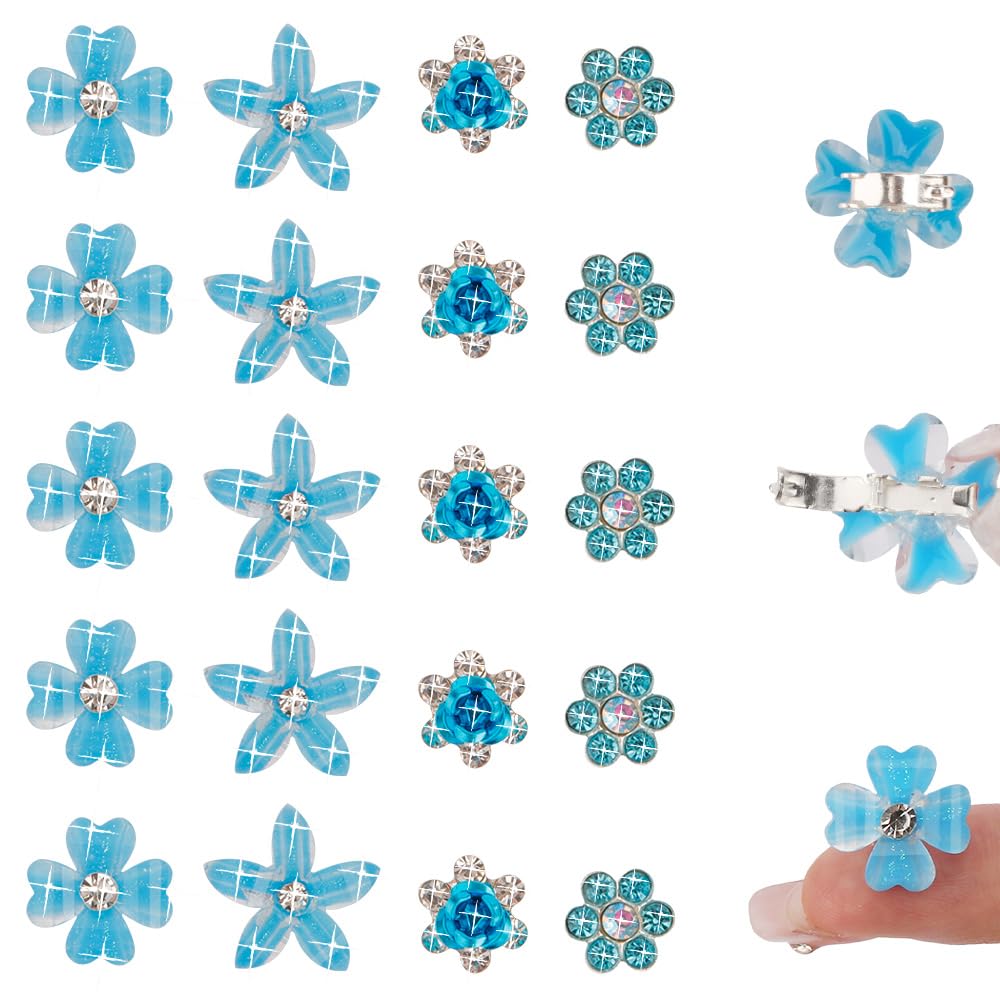 Ahoney 20Pcs Mini Clips for Hair Blue Flower Hair Clips with Rhinestone Cute Hair Pins Decorations Hair Clips for Wedding Prom H