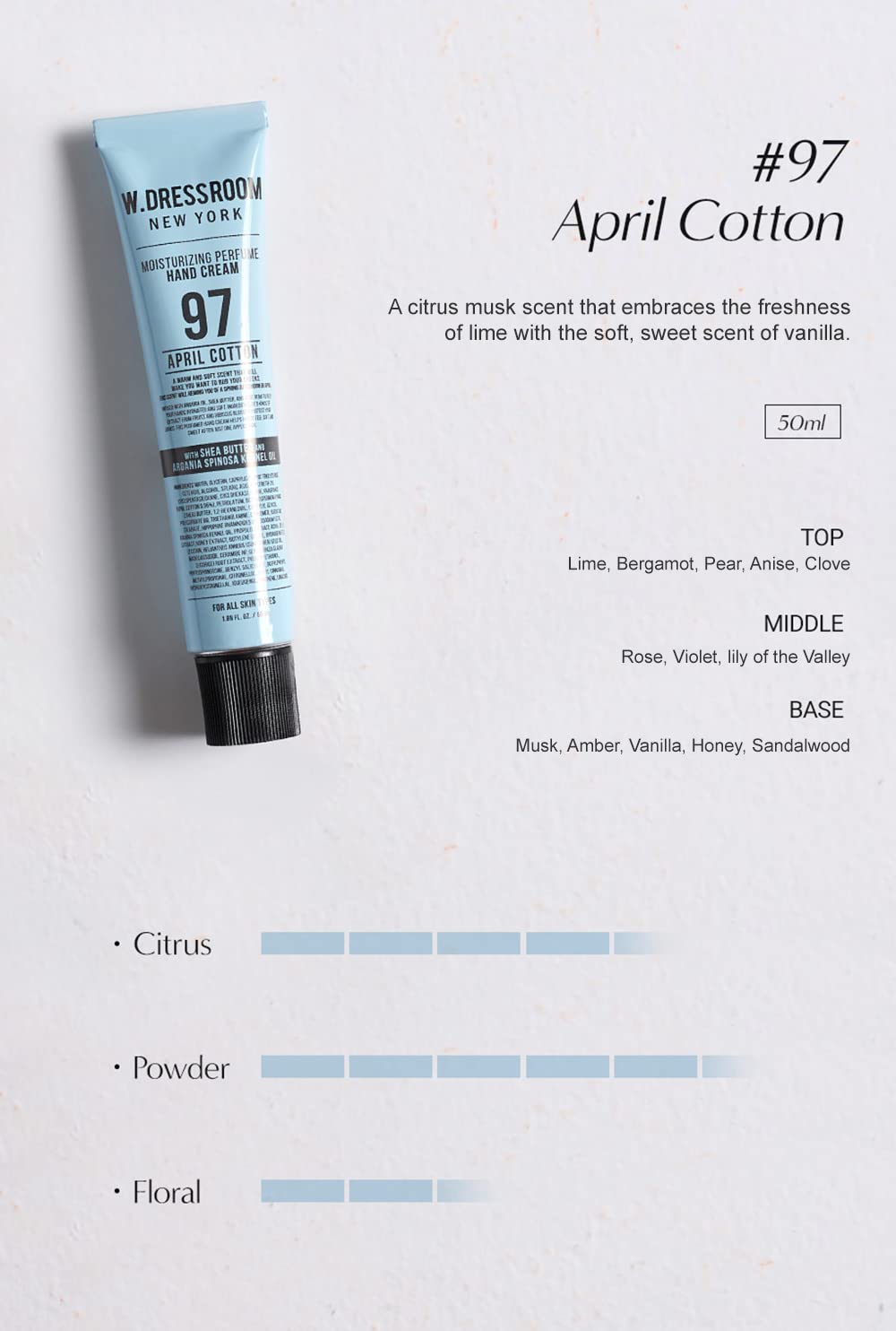 W.Dressroom No.97 April Cotton Moisturizing Hand Cream For Dry Hands, Non-Greasy Korean Hand Lotion & Hand Care For Women With H