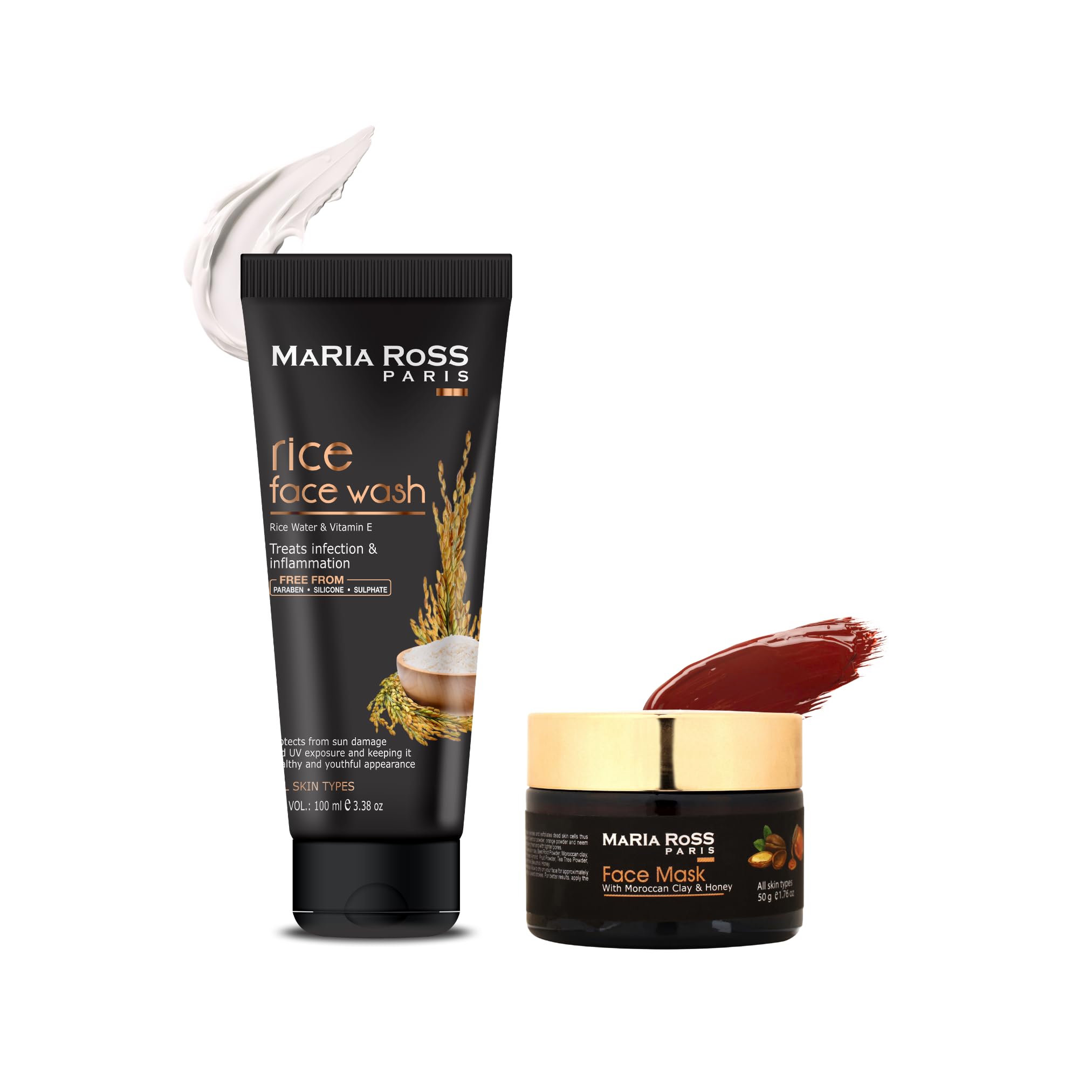 Maria Ross Rice Water Face Wash & Moroccan Clay Face Pack Combo | Skin Brightening, Oil Control & Deep Cleansing | Hydrating Glo