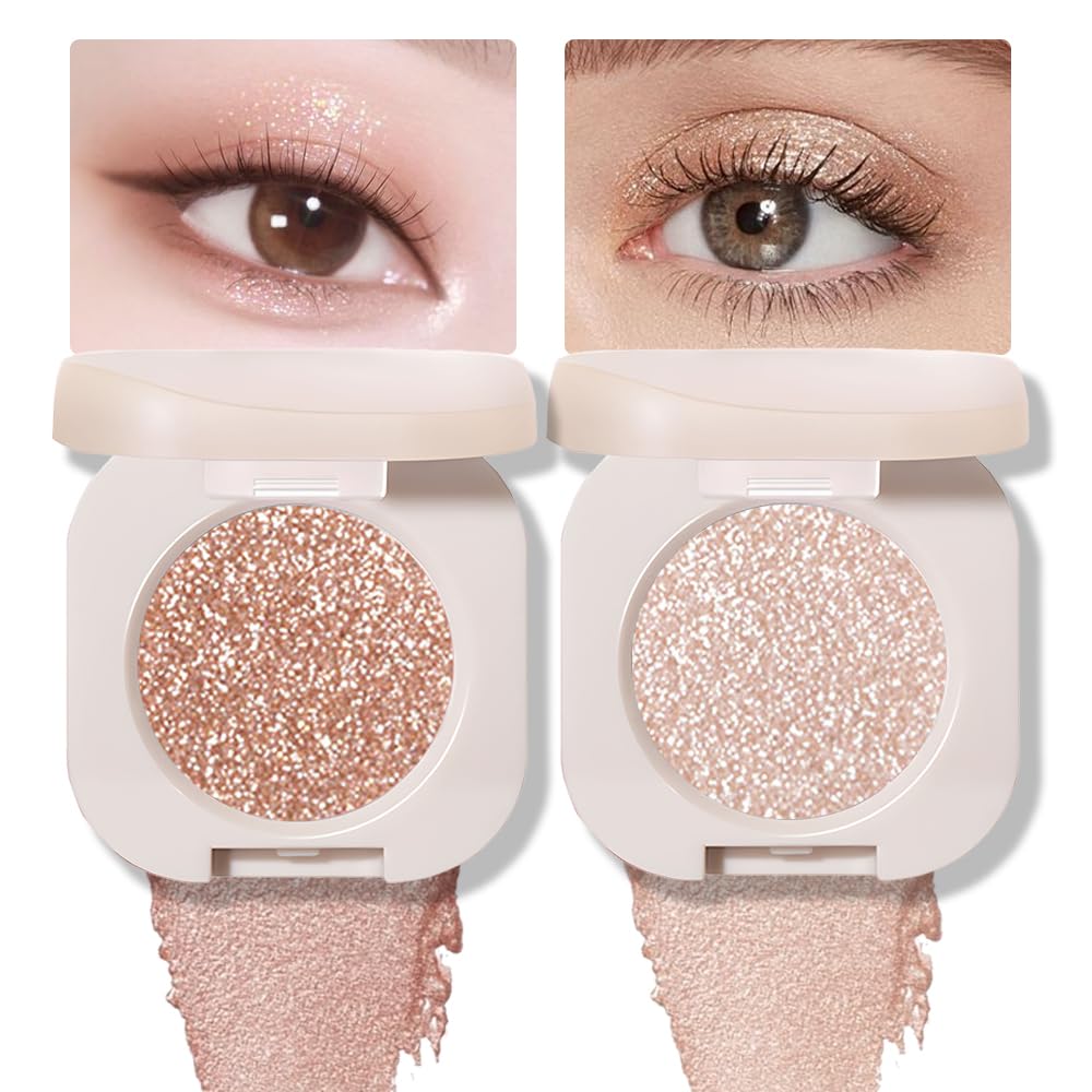 Feicuiyun 2Pc Single Color Glittler Eye Shadow, Monochrome Glittler Eyeshadow, Light Shimmer Eyeshadow, Glittler Pressed Powder