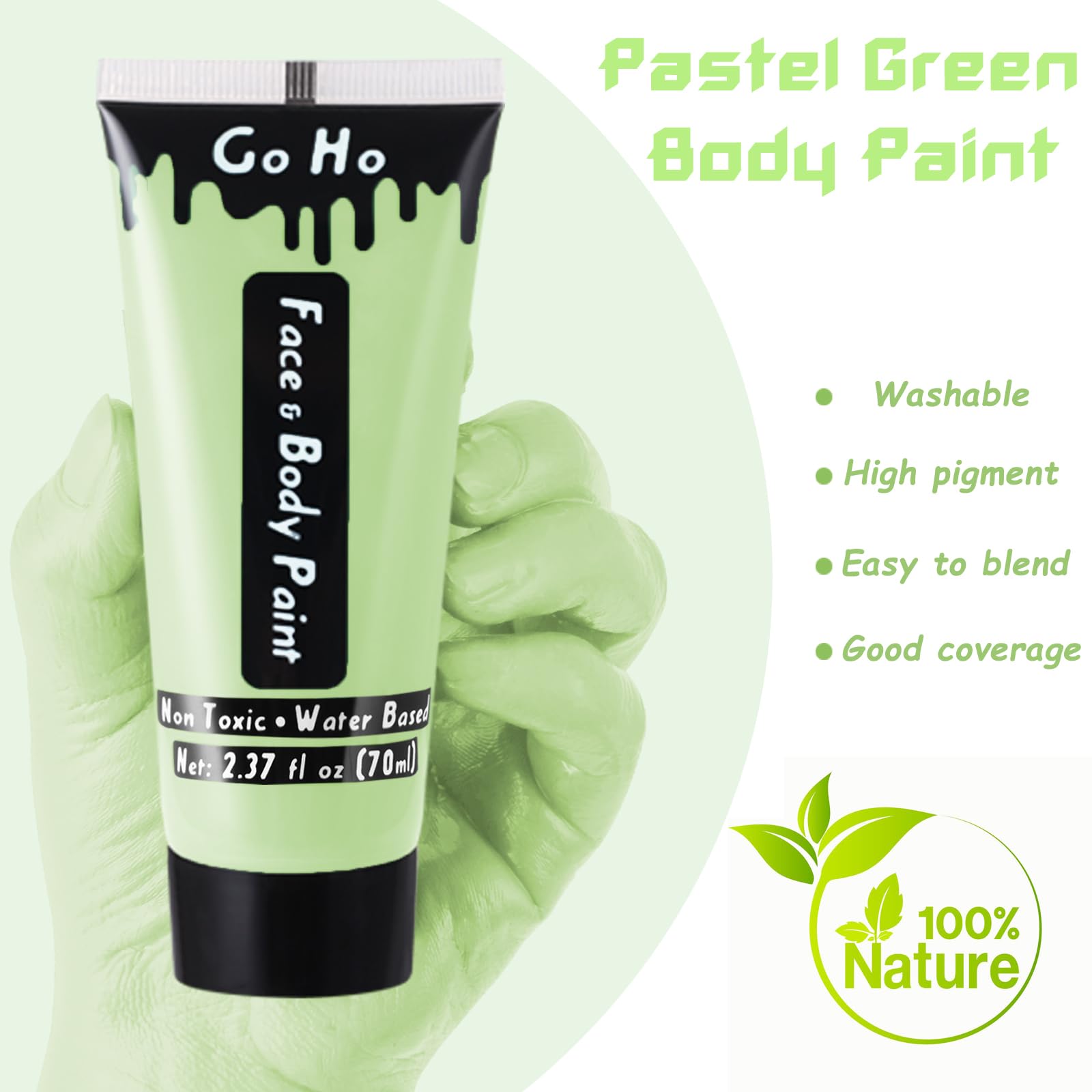 Go Ho Pastel Green Body Paint Washable(2.37 Oz,70 Ml),Water Based Cream Pastel Green Face Body Paint For Sfx Cosplay Costumes Fe
