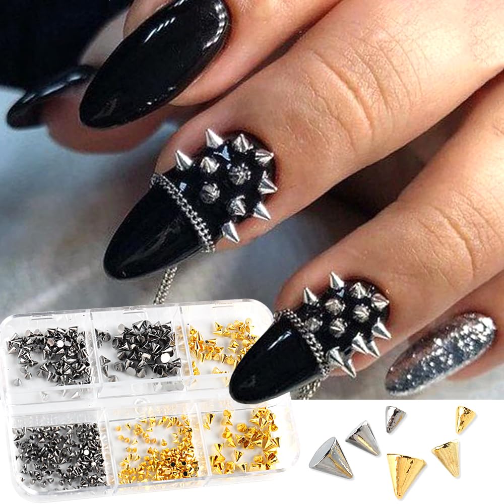 3D Mini Metal Punk Nail Art Studs Mixed Sizes Gold Black Cone Spikes Alloy Nail Rivets Jewelry for Women Goth Nail Art Charms Na