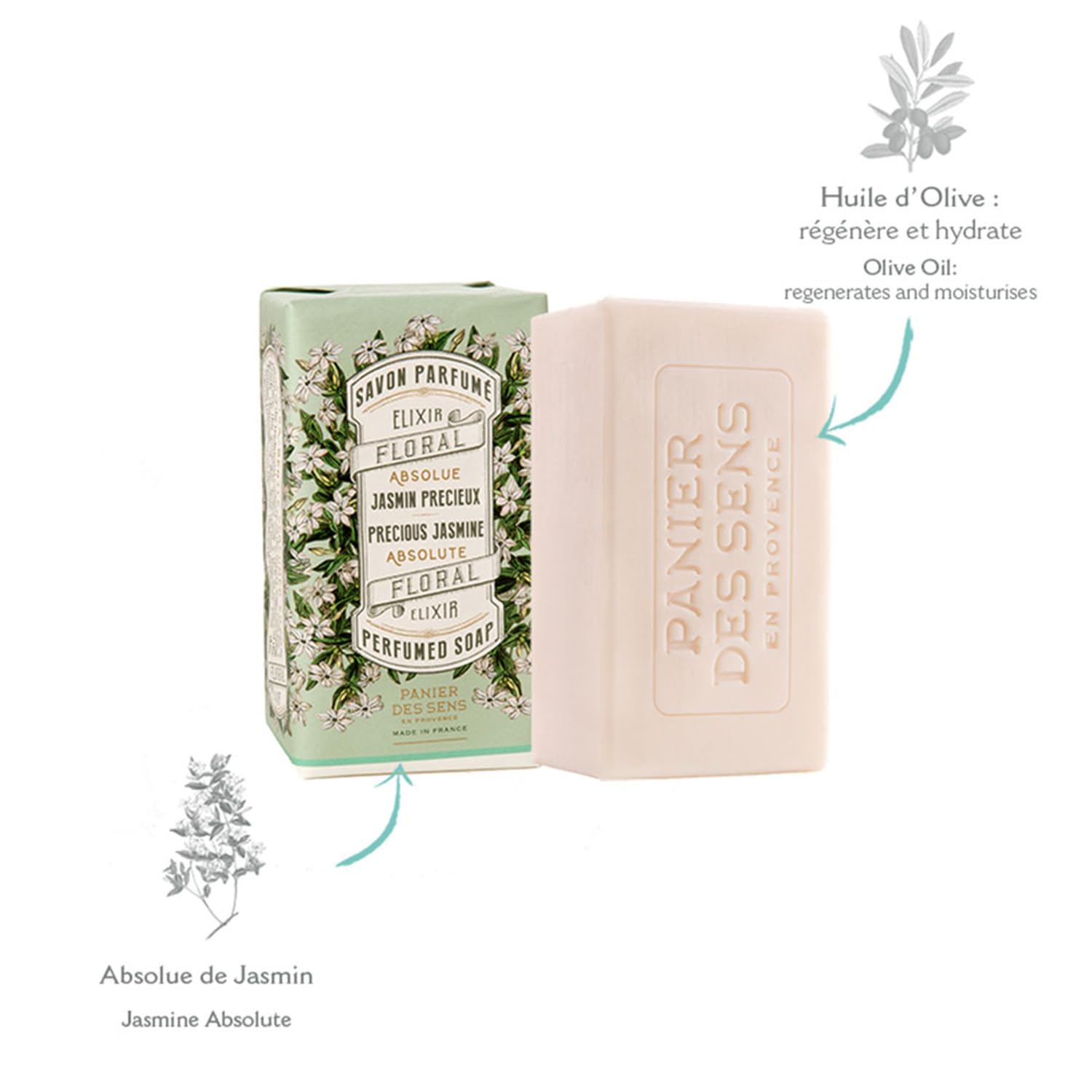 Panier des Sens - Jasmine Bar Soap - Moisturizing Gentle Scented Soap Bar - Natural Soap with Olive Oil - 97% Natural Ingredient