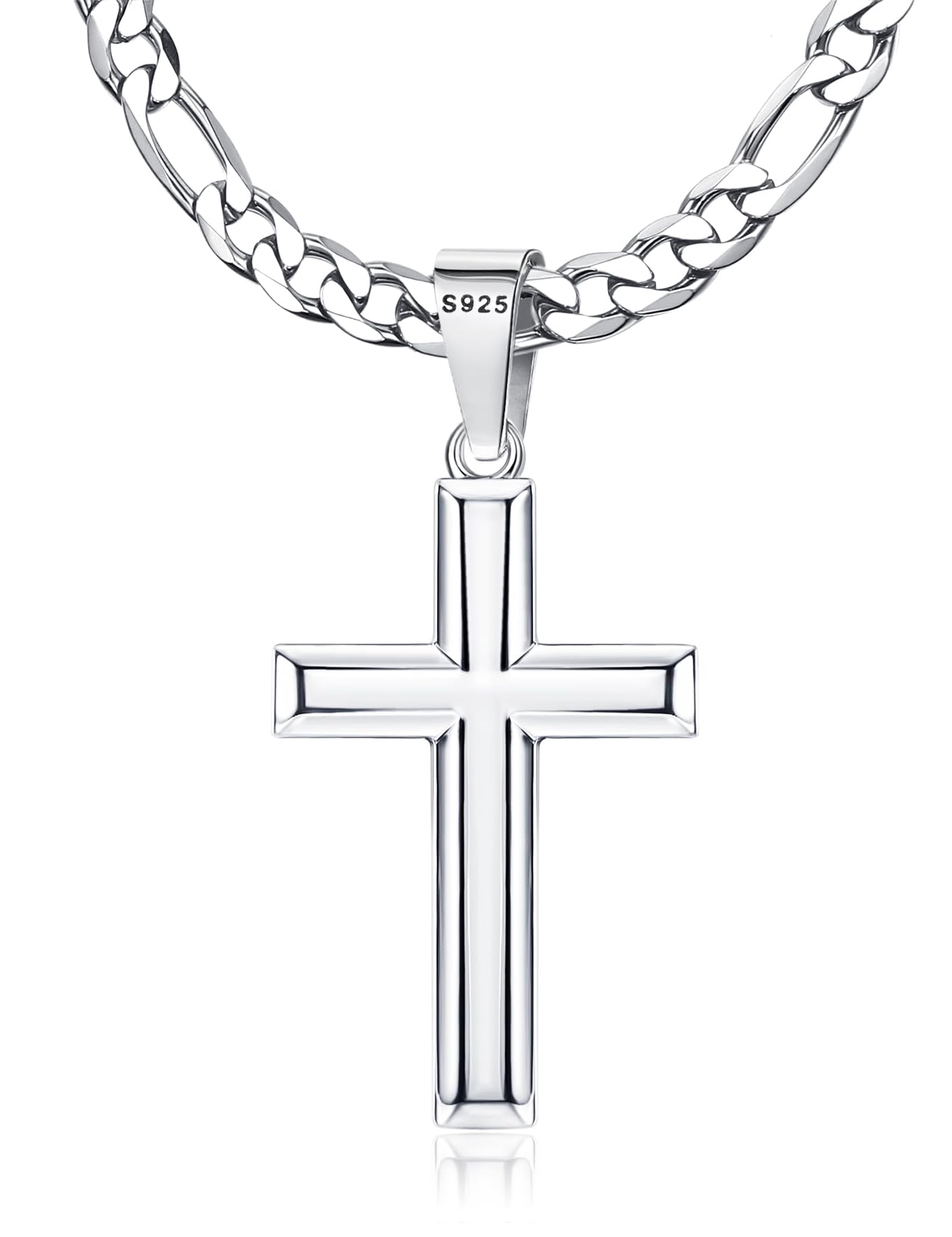 MILACOLATO 925 Sterling Silver Cross Necklace for Men Women, 5mm Durable Stainless Steel Diamond-Cut Figaro Chain with Big Bevel