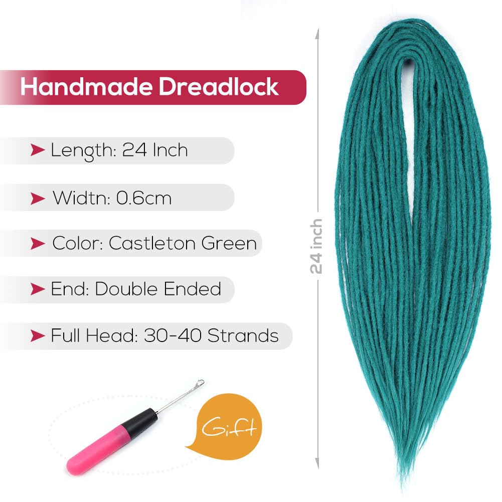 Kraler 24 Inch Castleton Green Double Ended Dreadlock Extensions, 20 Strands Handmade Synthetic DE Dreads Extensions, Thin 0.6cm