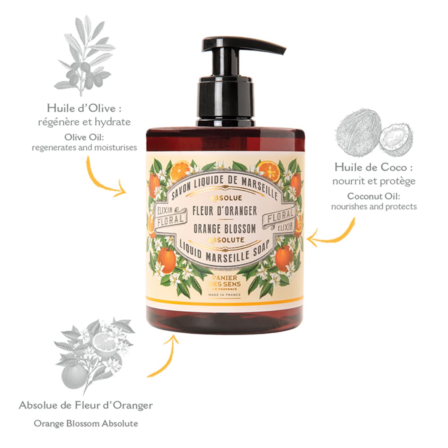 Panier des Sens Marseille Liquid Hand Soap - Orange Blossom, 16.9 Fl Oz, Moisturizing with Coconut Oil, 96% Natural Ingredients
