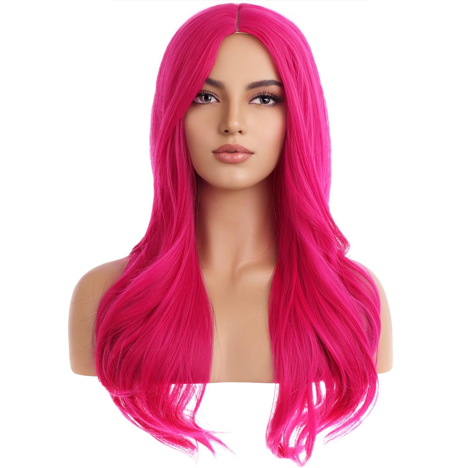 PATTNIUM 27 Inches Pink Wig Long Wavy Wig Hot Pink Wig for Women Girls Milddle Part Curly Long Wig Neon Pink Wig Magenta Wig Hea