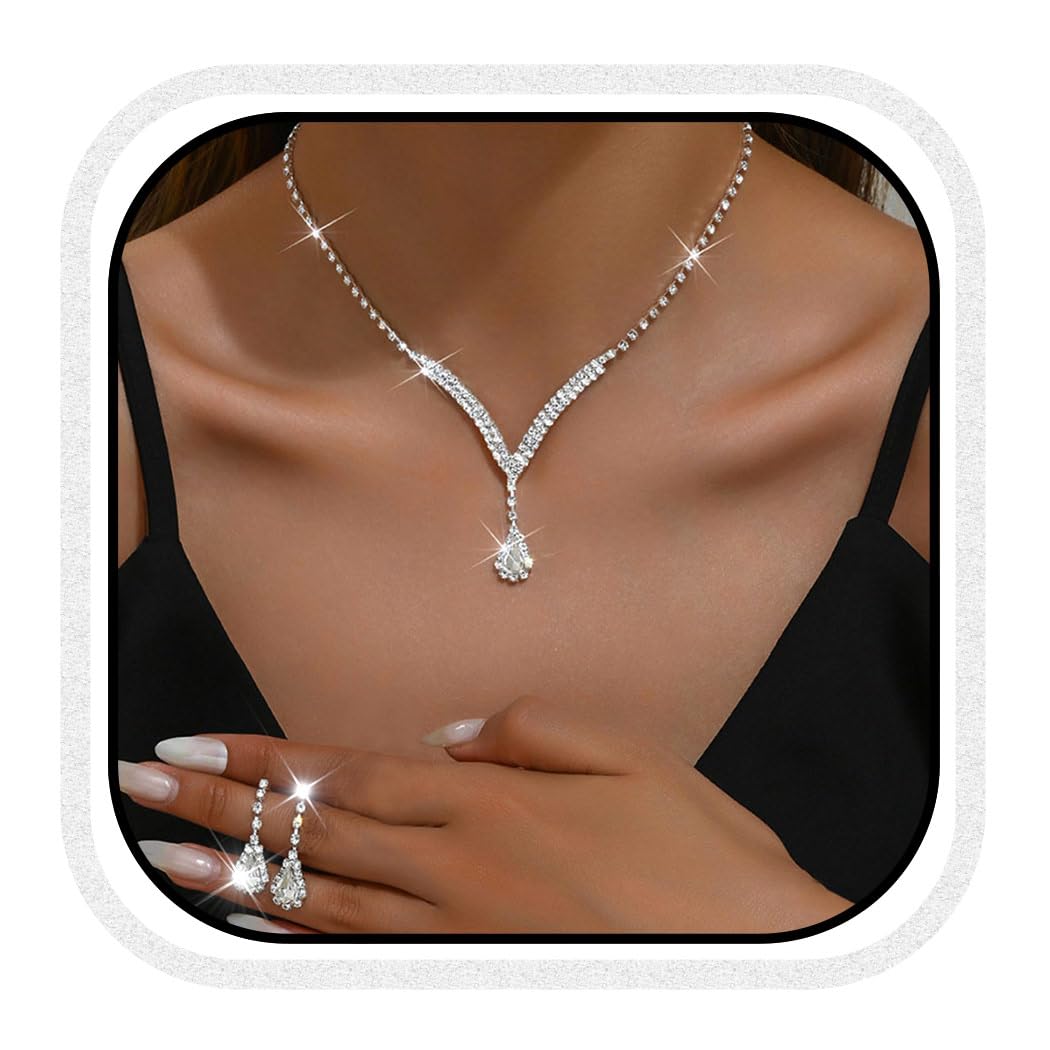 Unicra Bridal Wedding Jewelry Set Silver Rhinestone Necklace Earrings Sets Formal Costume Jewelry for Women and Brides (A-Silver