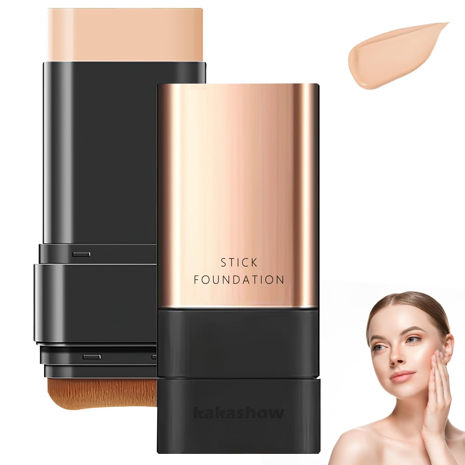 2 In 1 AntiWrinkle Foundation Stick,LongLasting Double Head Foundation Make Up Stick With Brush,Waterproof Concealer & Cream B